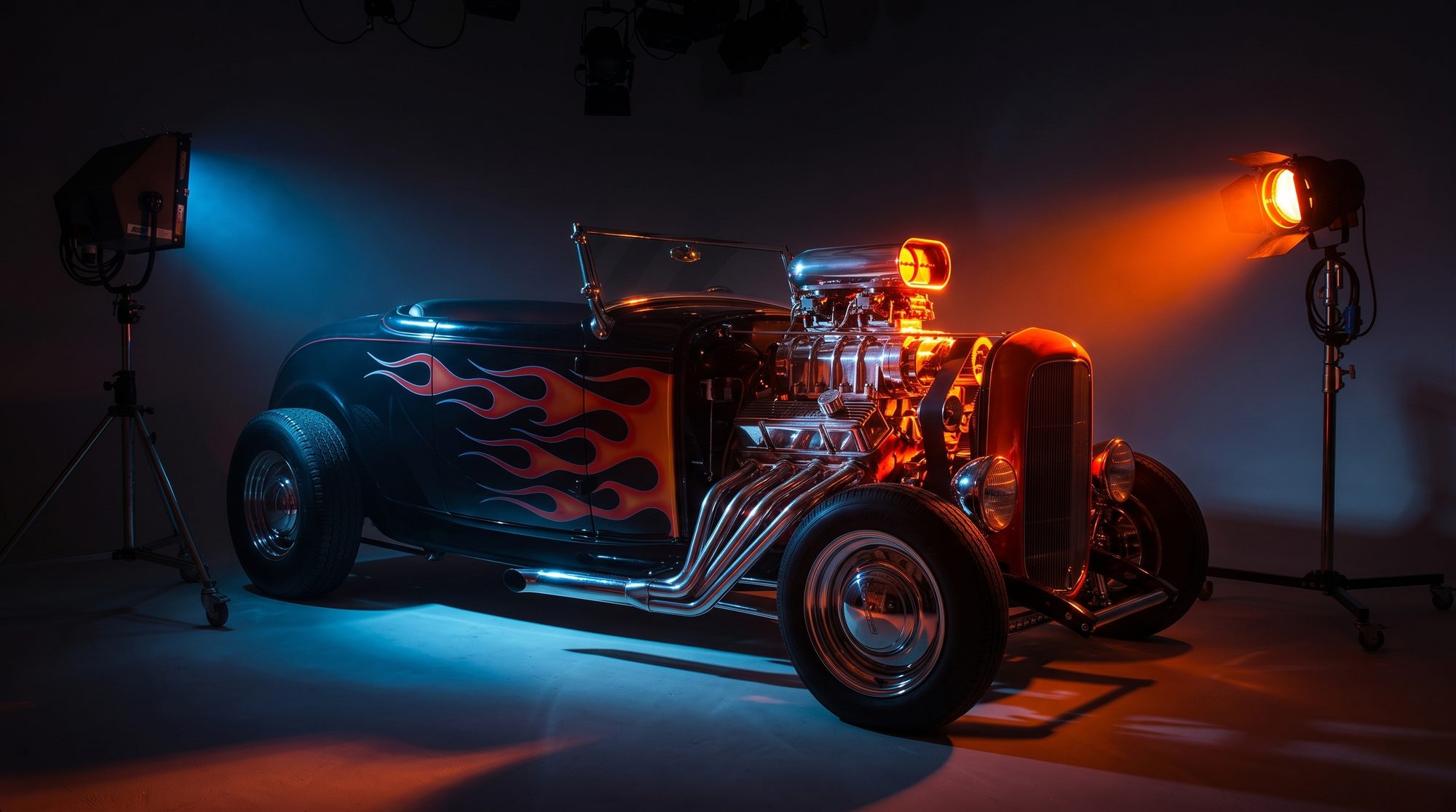A flamed hot rod lit with film fresnels on the studio stage