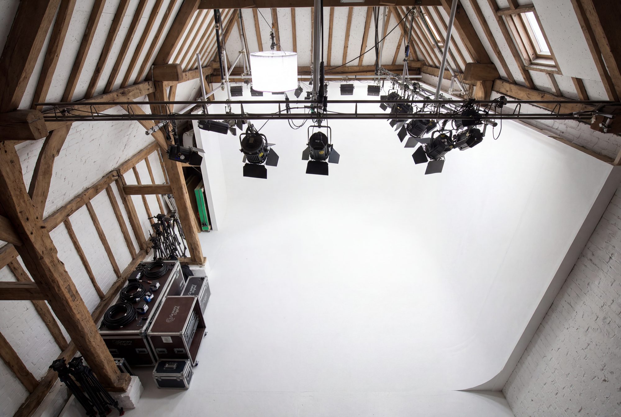 The White Space infinity cove and lighting grid under the barn trusses