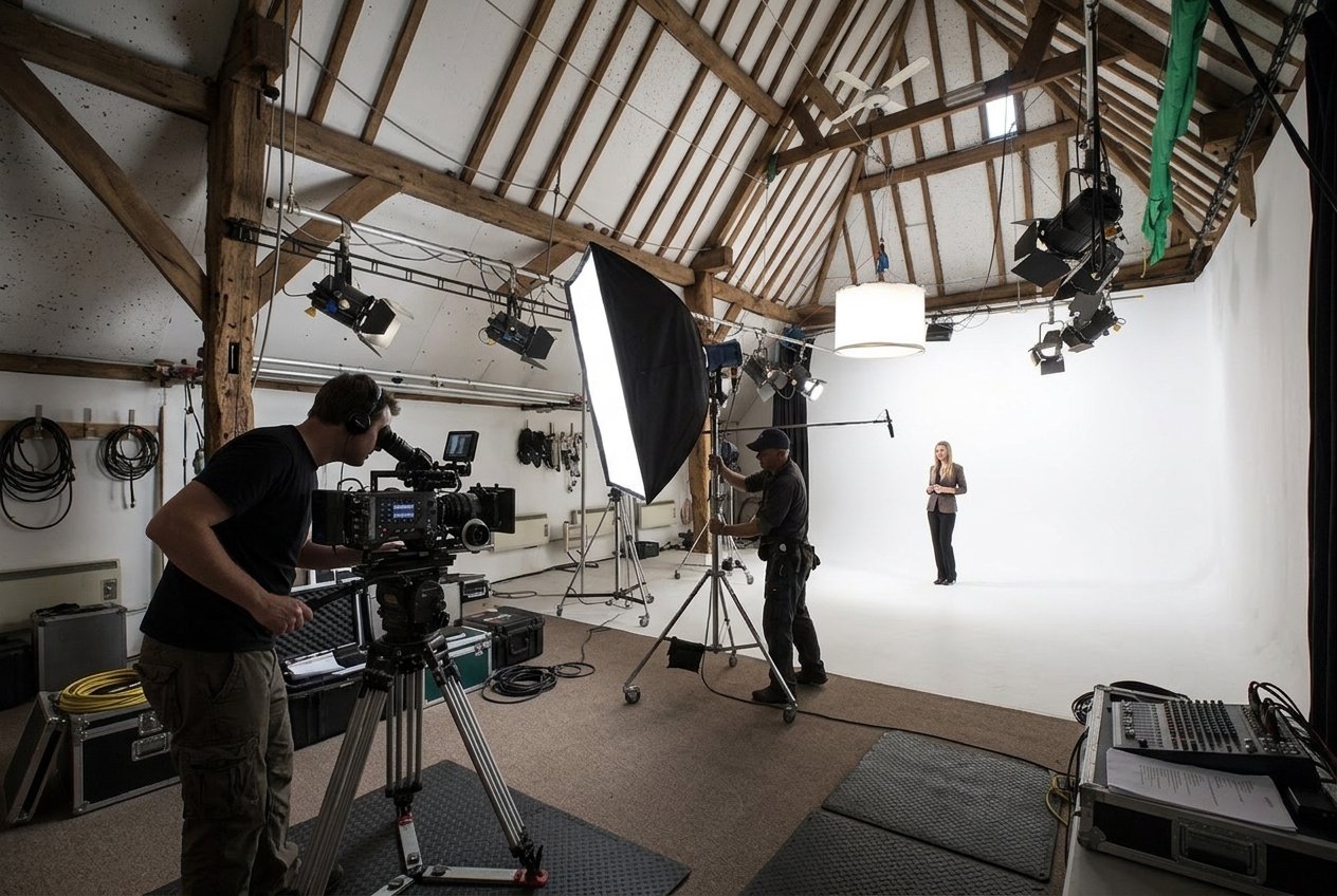Camera operator and crew filming a model on the barn studio cove