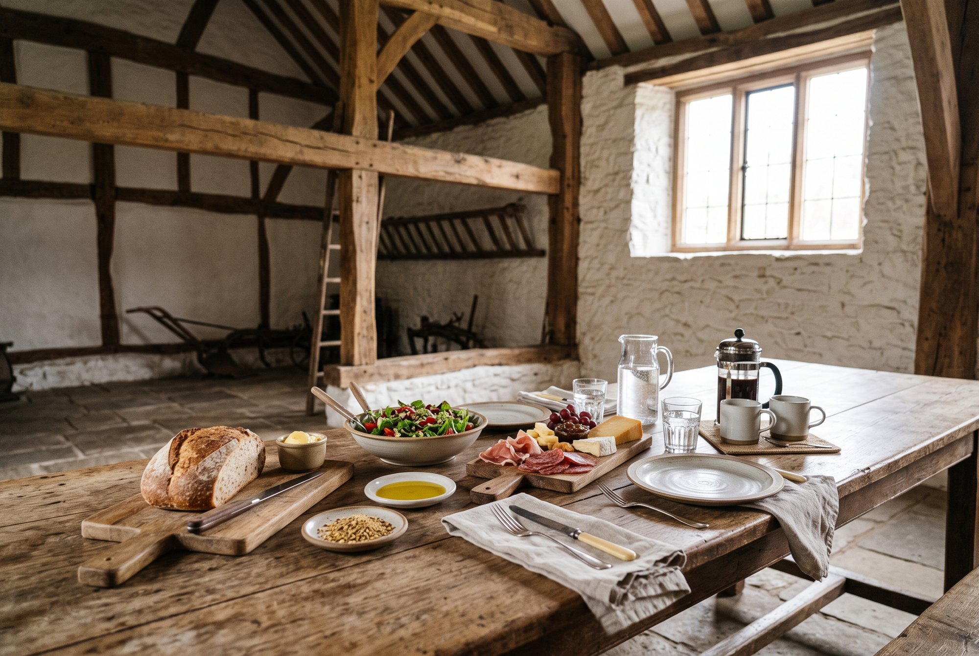 Lunch laid out on a timber table in the barn