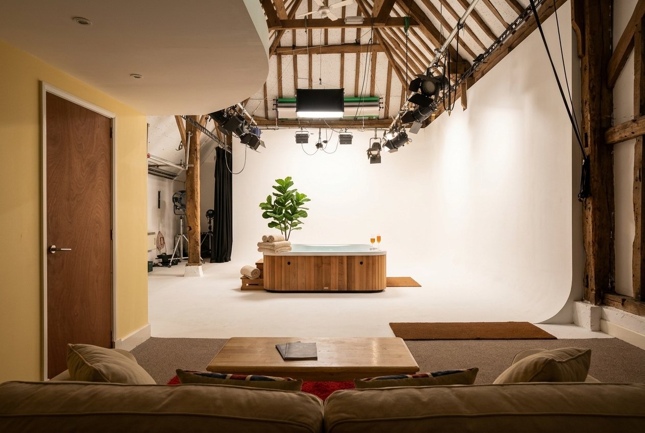 Lifestyle set staged on the cove with a wooden hot tub