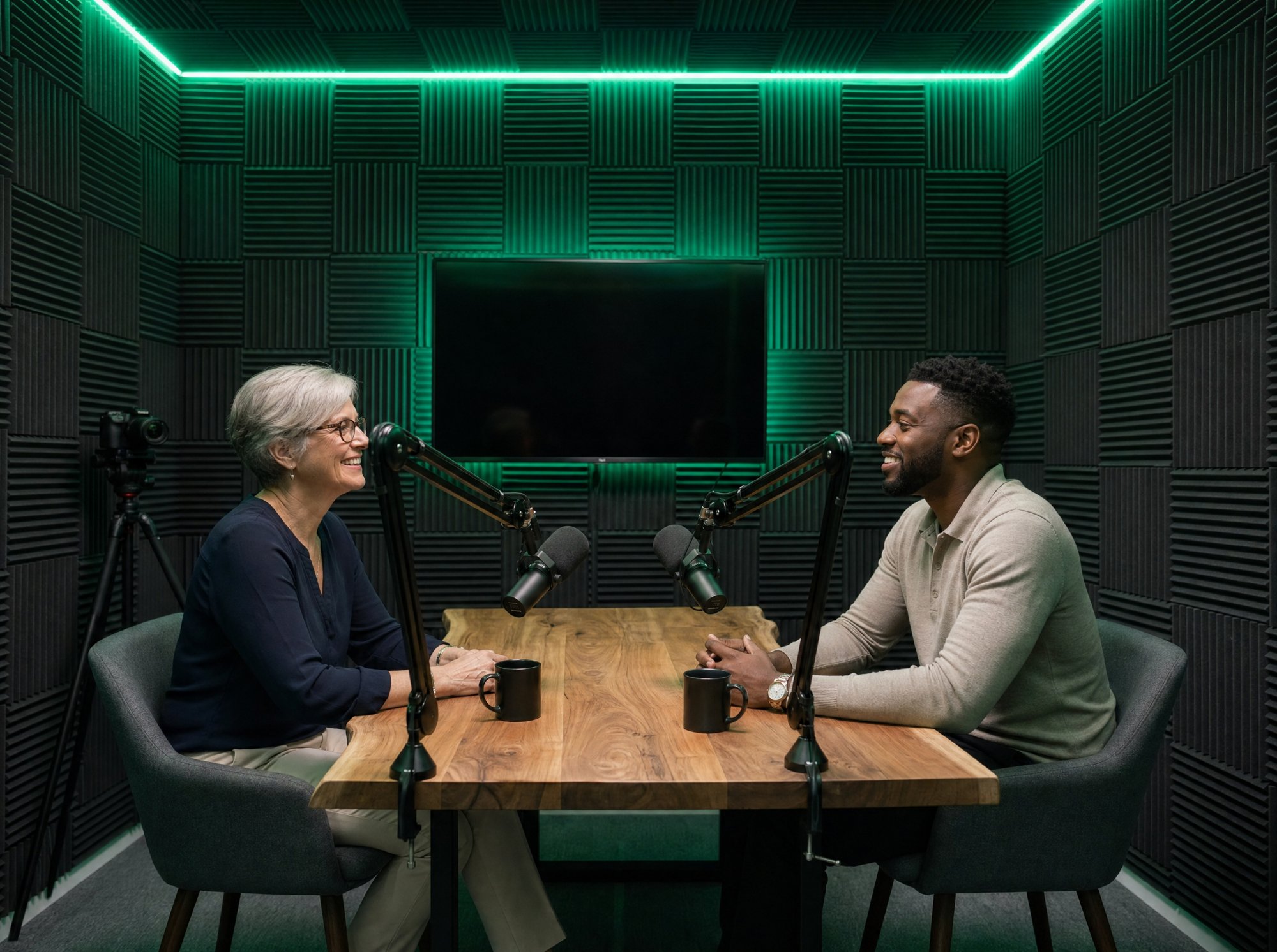 Two people recording a discussion in the podcast suite