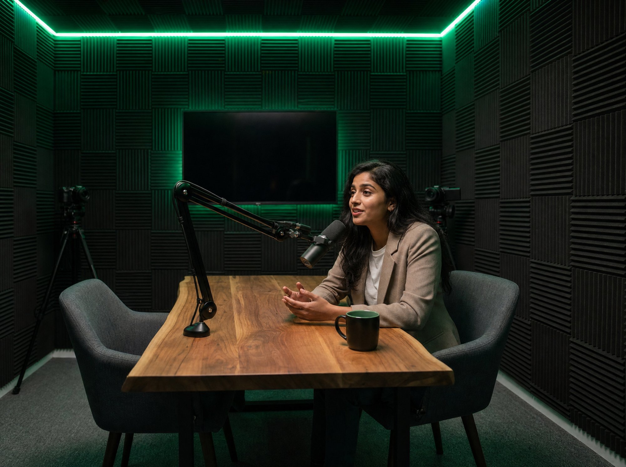 A host recording a solo episode in the studio