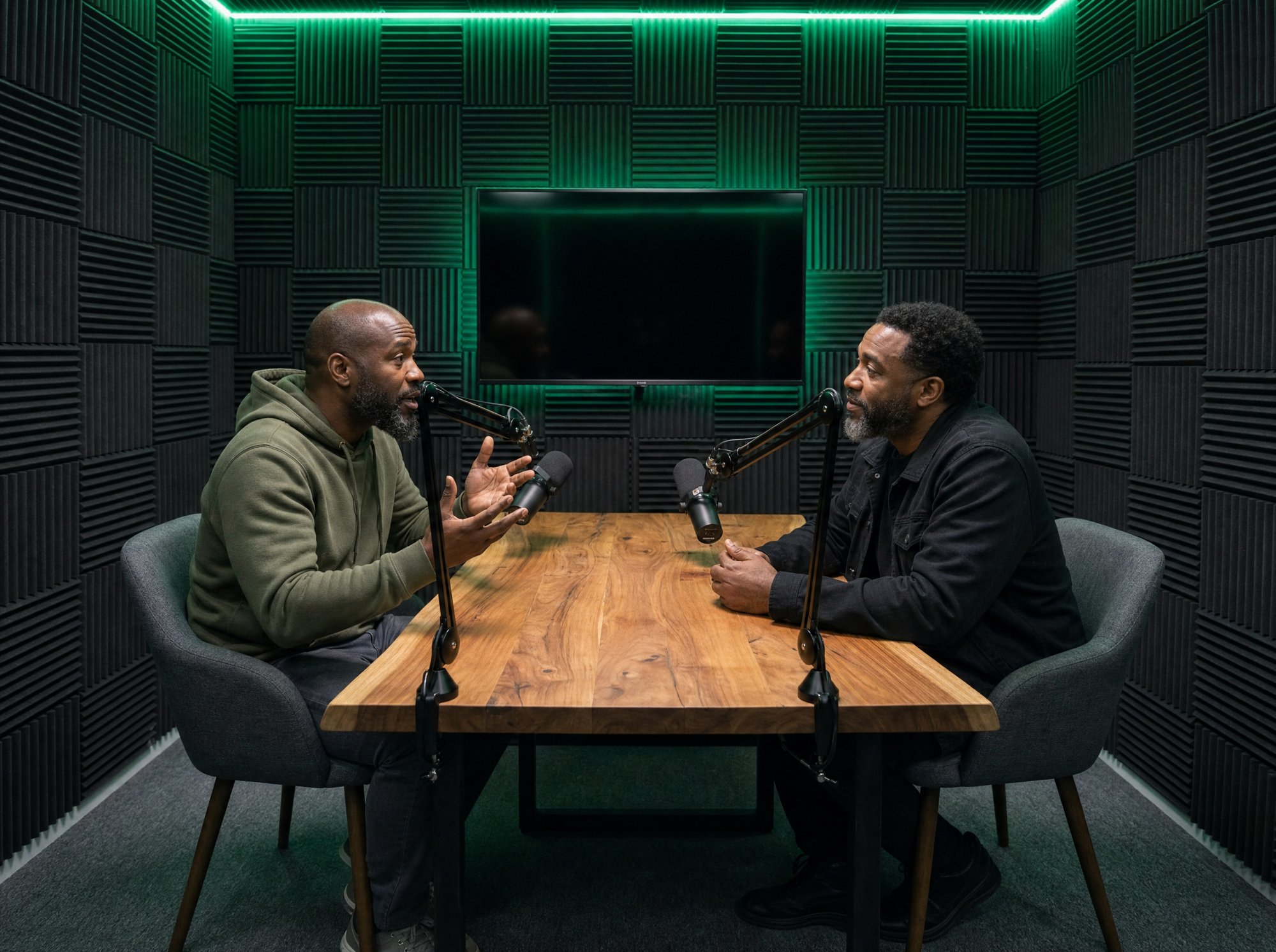 Two hosts recording in the podcast studio