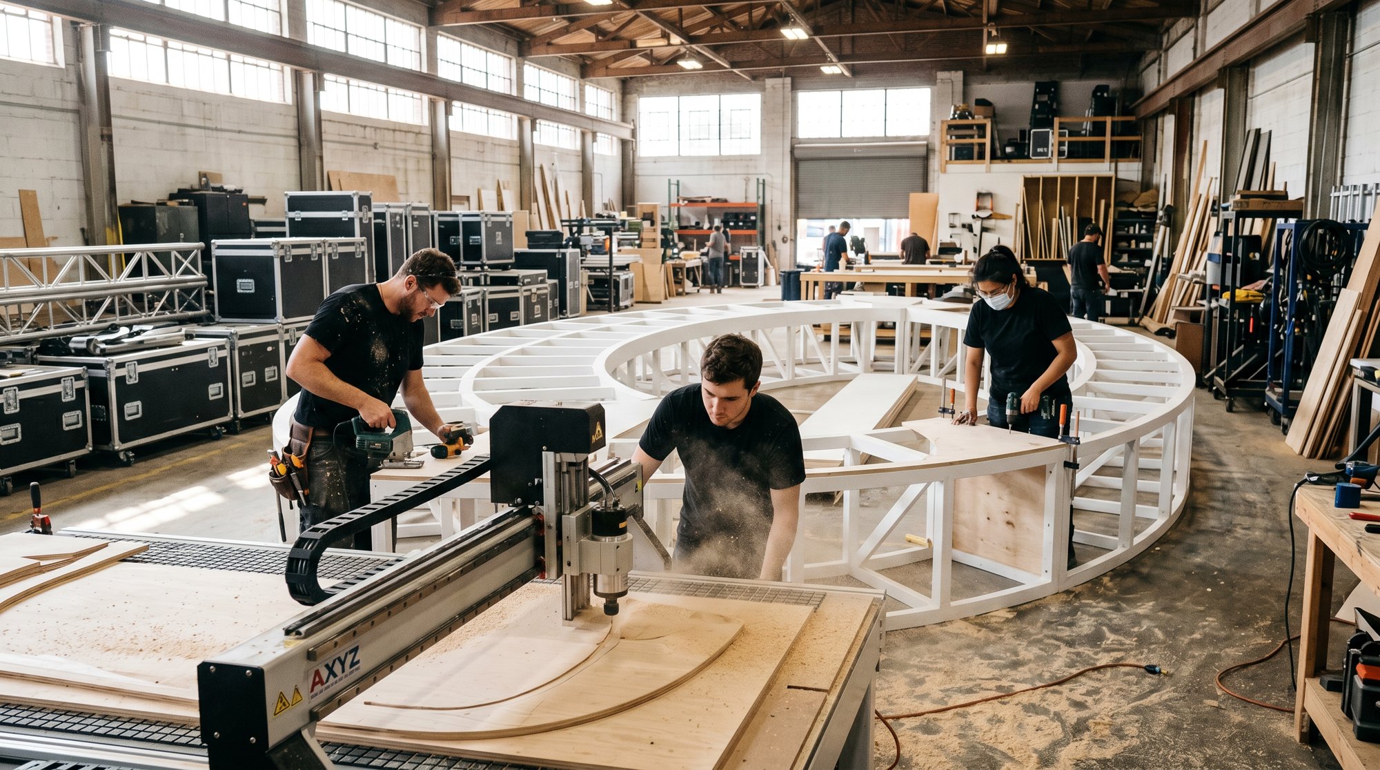 Carpenters building a curved white set piece in the workshop