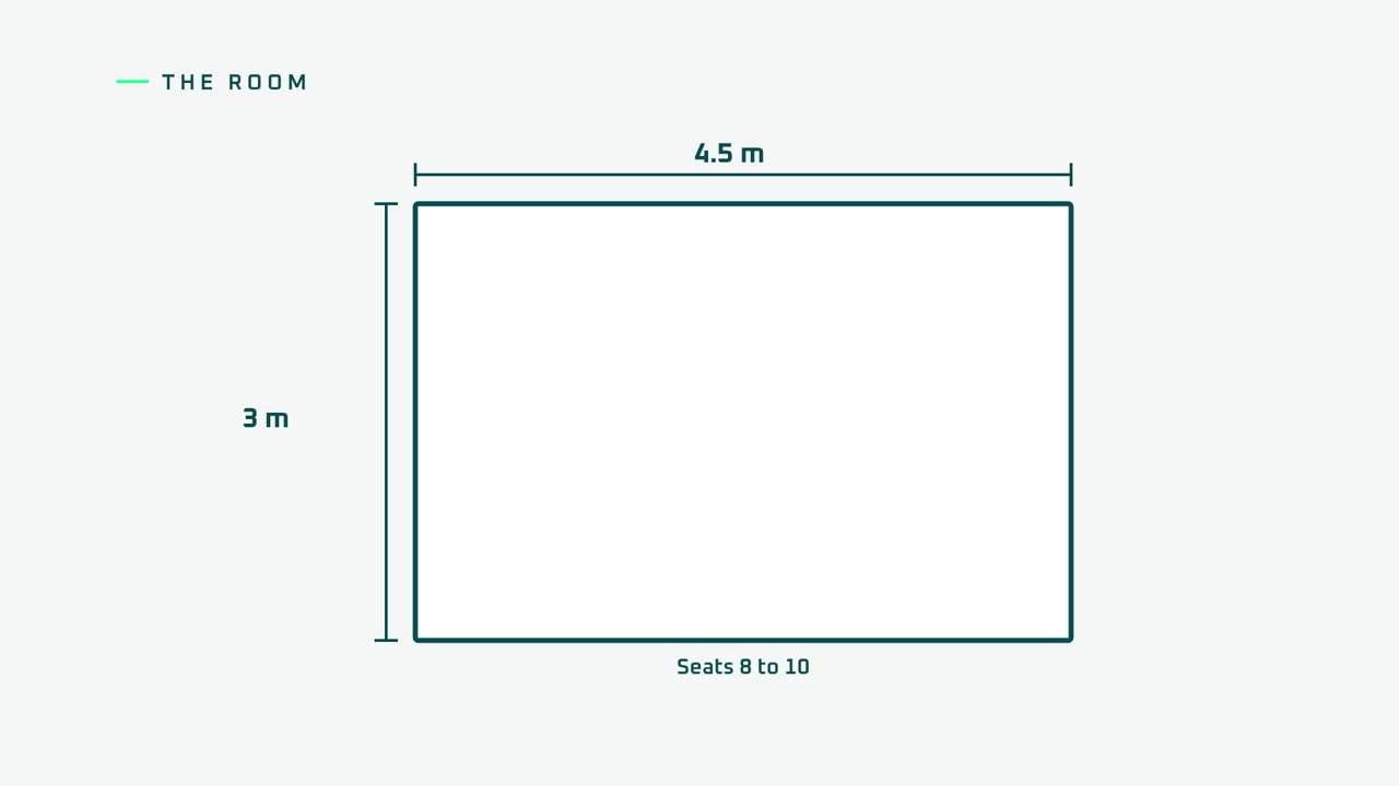 Plan view, drawn to scale: Seats 8 to 10, 4.5 m wide by 3 m deep.