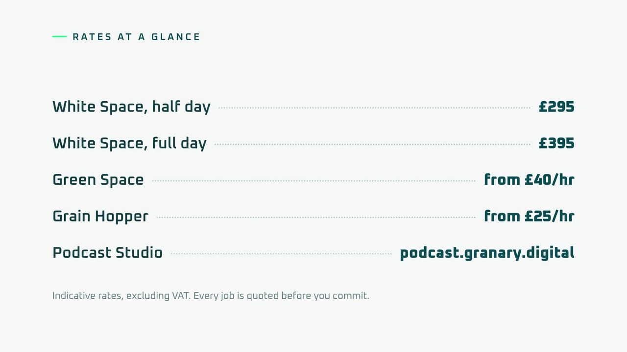 Prices: White Space, half day, £295; White Space, full day, £395; Green Space, from £40/hr; Grain Hopper, from £25/hr; Podcast Studio, podcast.granary.digital.