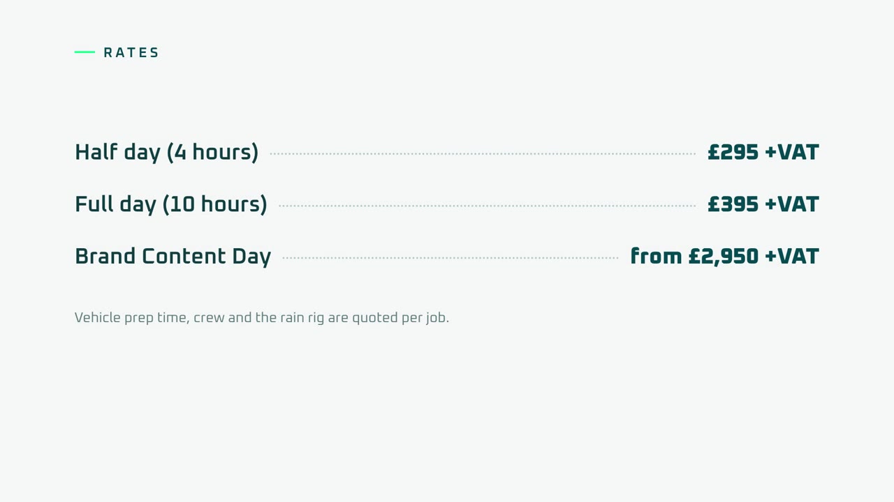 Prices: Half day (4 hours), £295 +VAT; Full day (10 hours), £395 +VAT; Brand Content Day, from £2,950 +VAT.