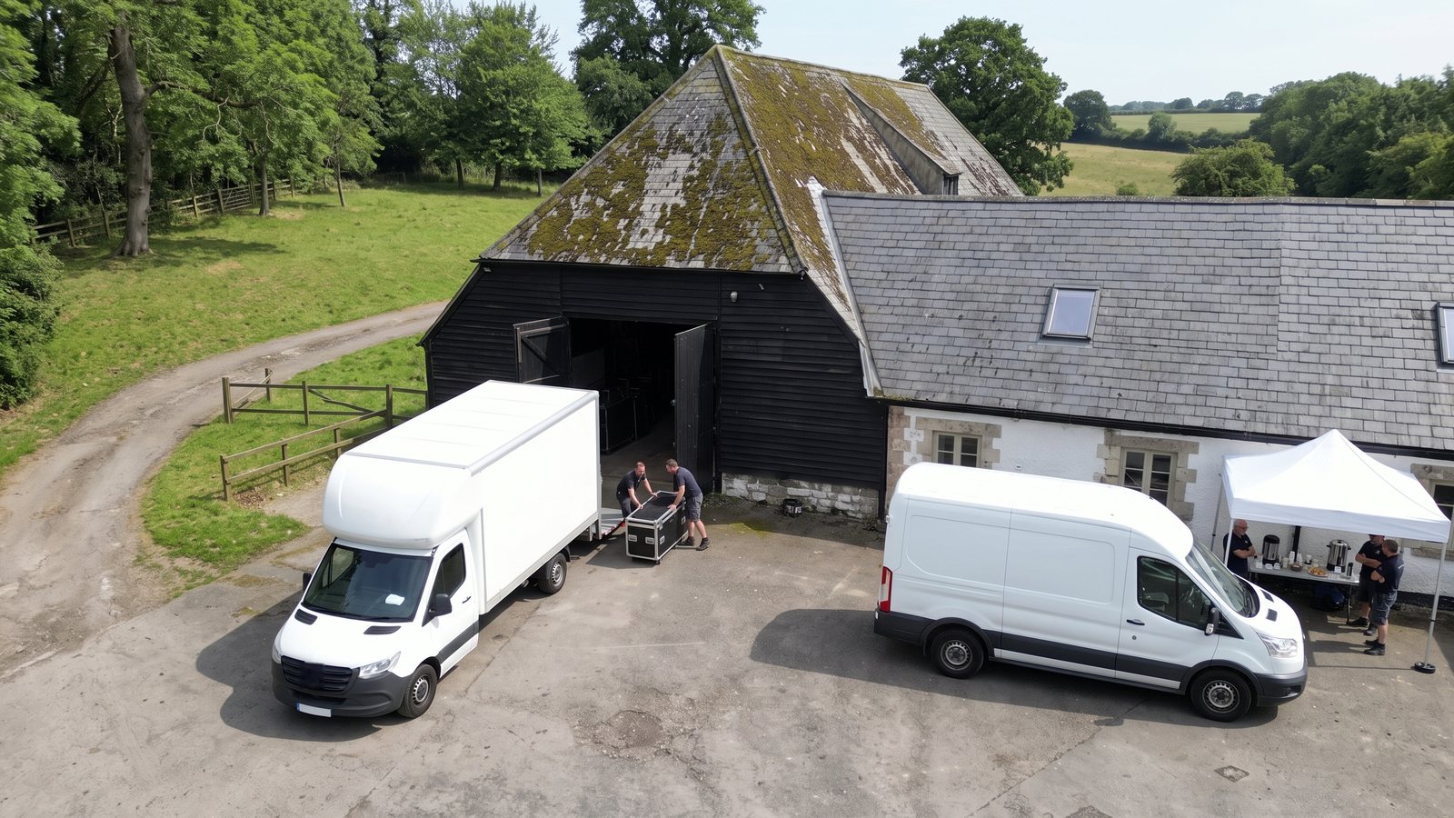 A shoot day from above: a van reversed to the barn doors and catering under a gazebo