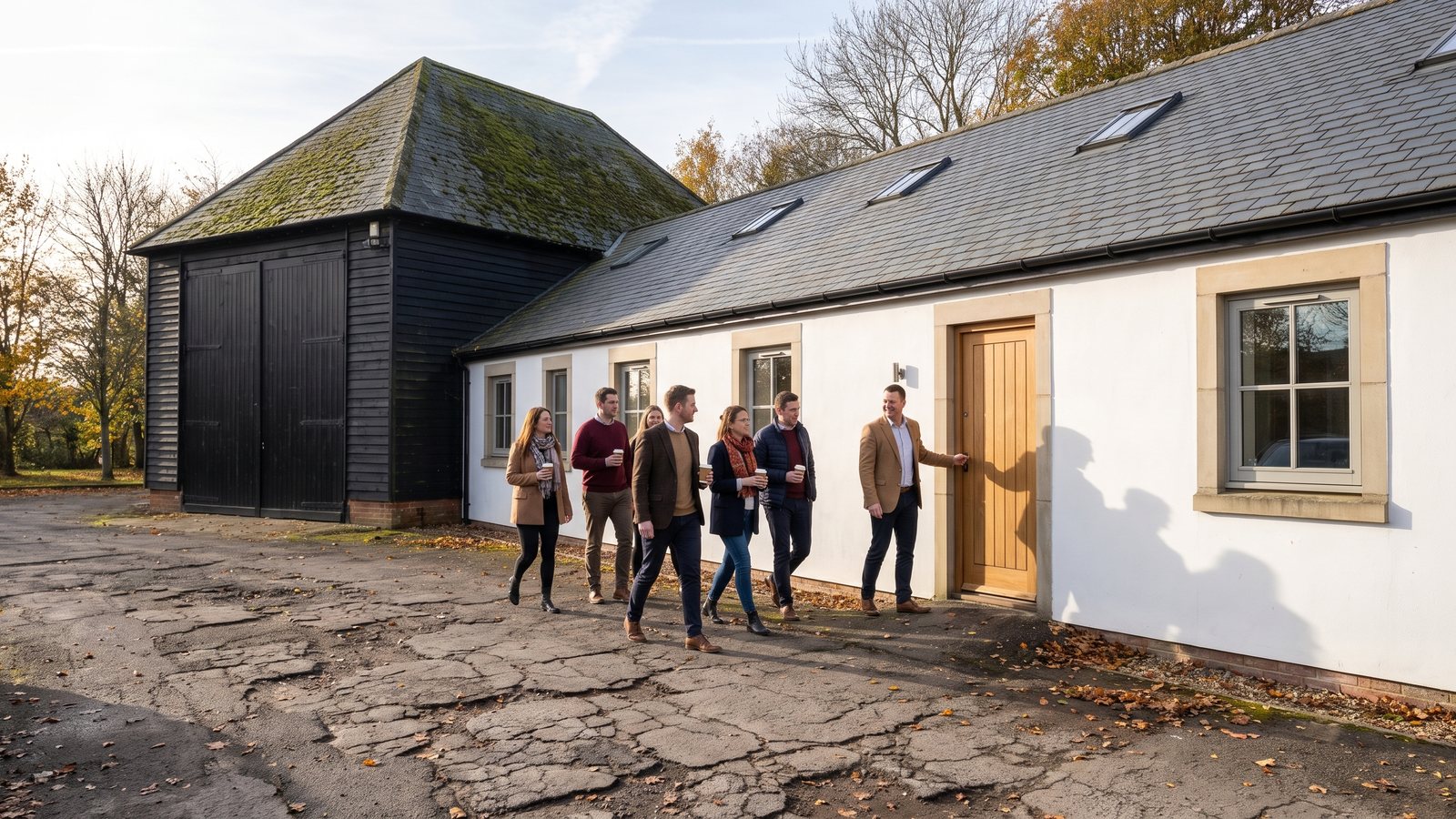 A team arriving at the office block for an away day in the Grain Hopper