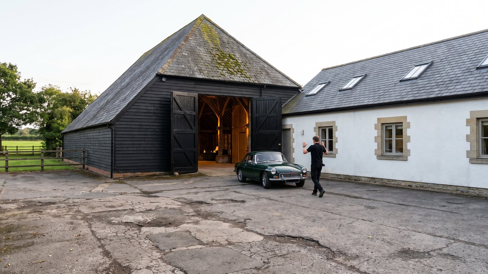 A classic car driven towards the open barn doors