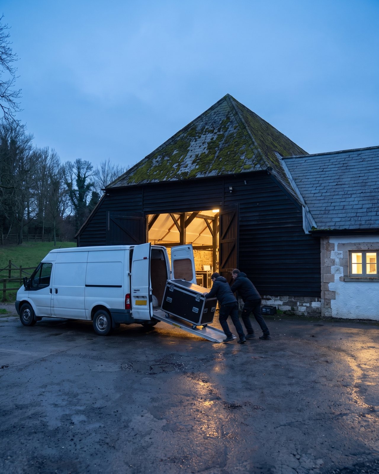 Wrap at dusk: kit going back into a van at the barn doors