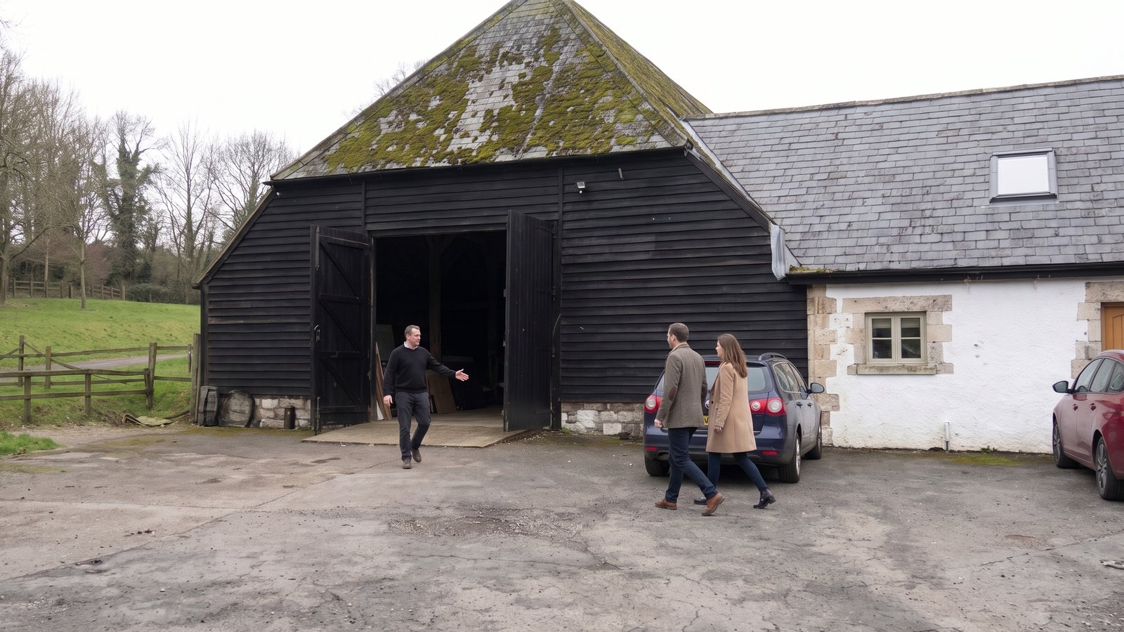 Guests arriving at the barn doors across the car park