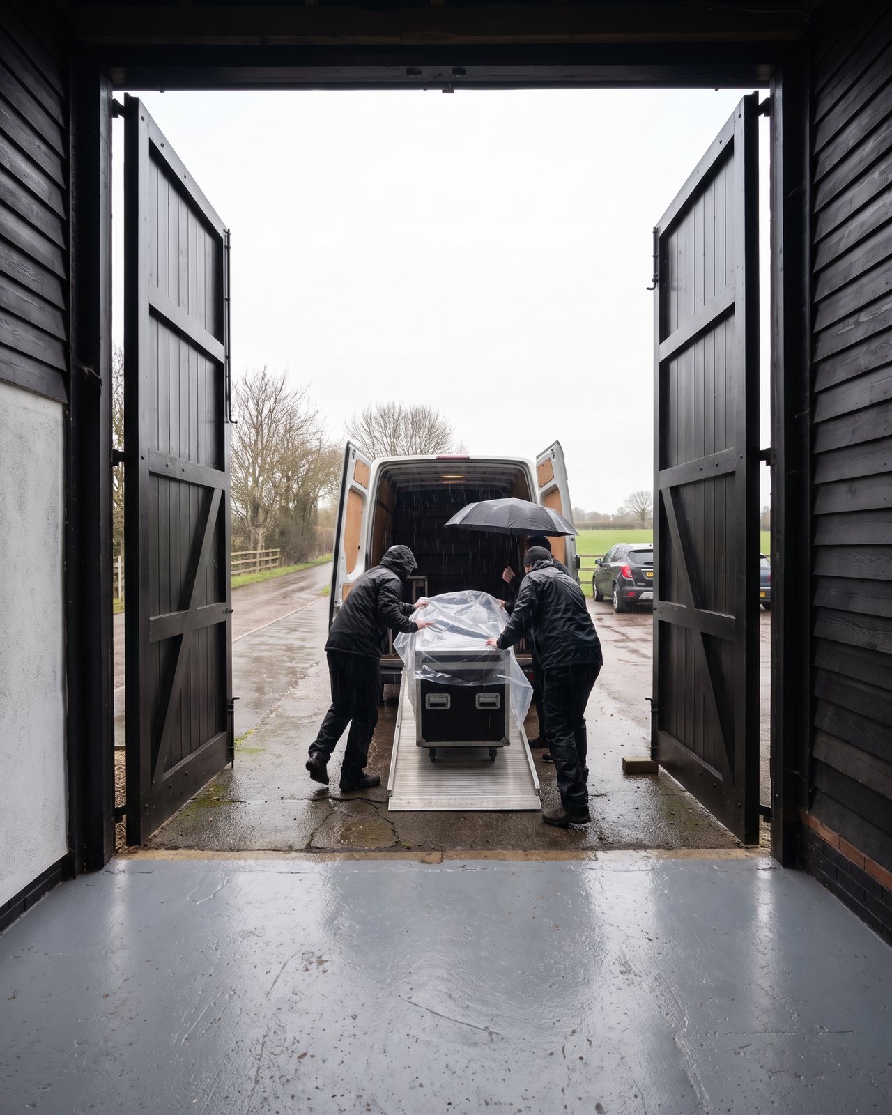 Kit coming in out of the rain through the barn doors, a van reversed up to them