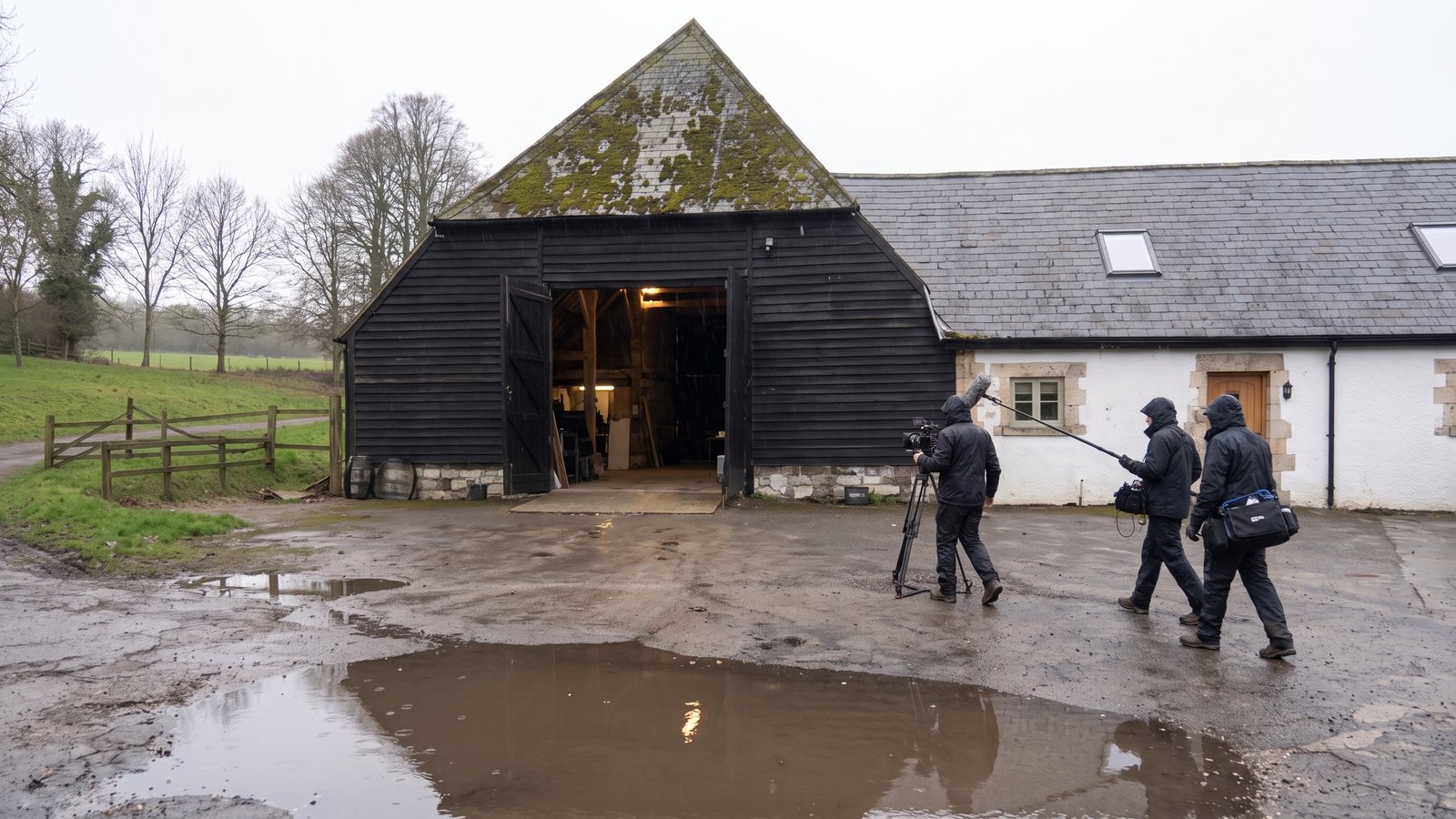 A film crew carrying kit across the car park to the barn doors on a wet morning