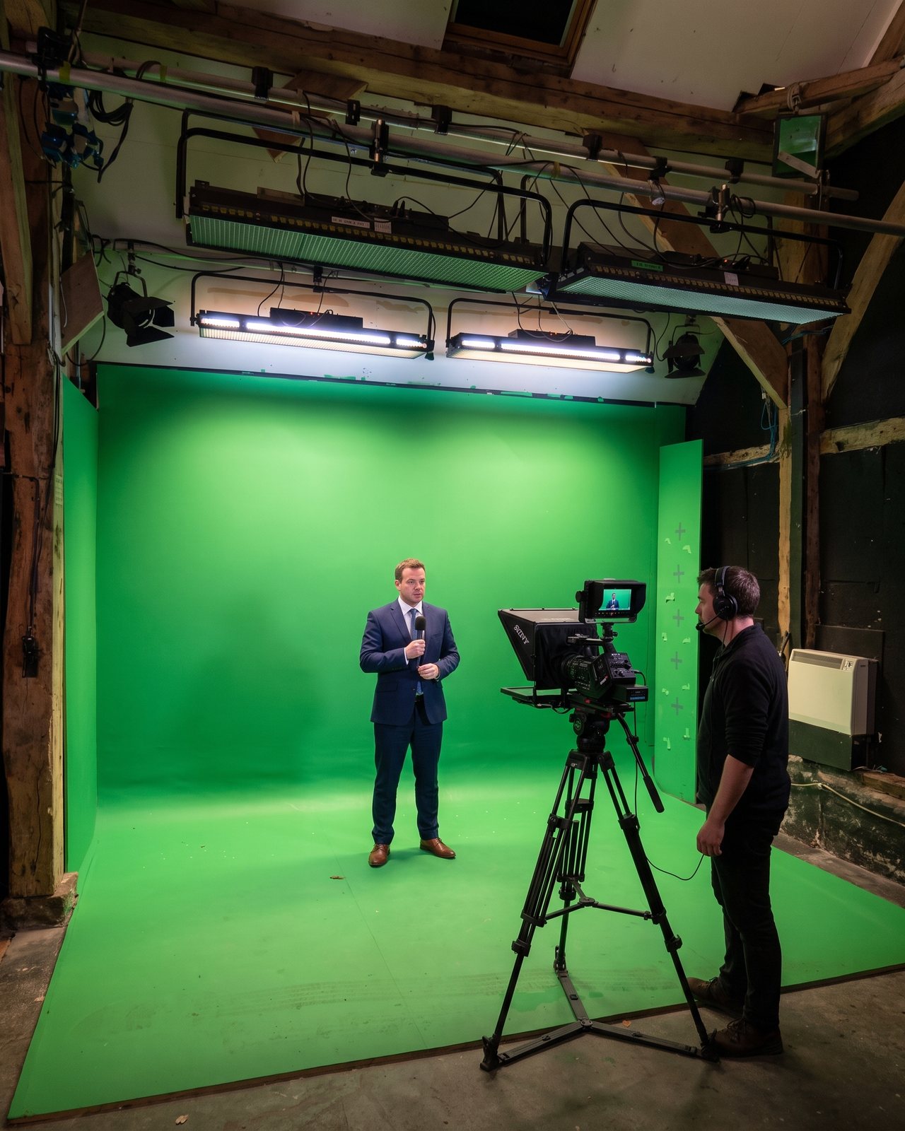 A presenter at a prompter on the green screen stage