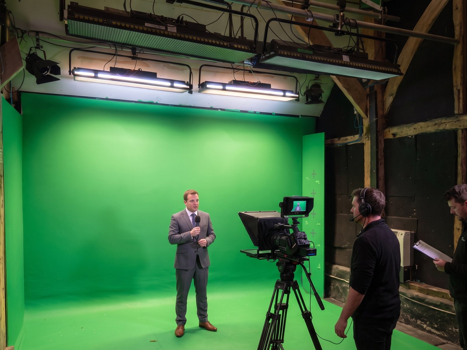 A presenter reading autocue on the green screen stage
