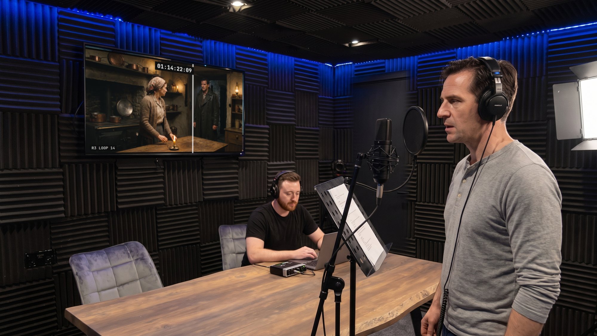 An actor re-recording dialogue to picture, the scene and timecode on the wall screen