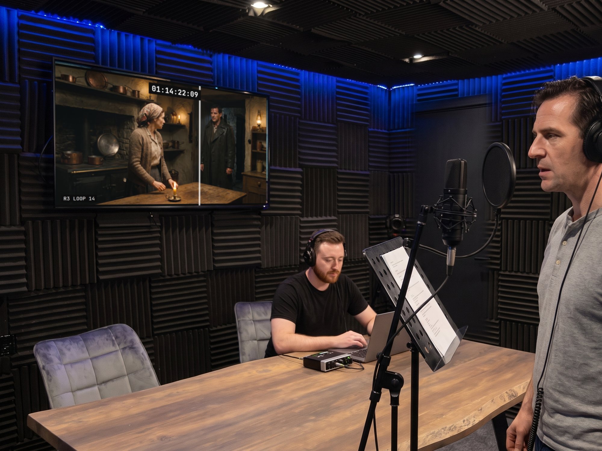 A voice artist recording to picture, the scene and timecode on the wall screen