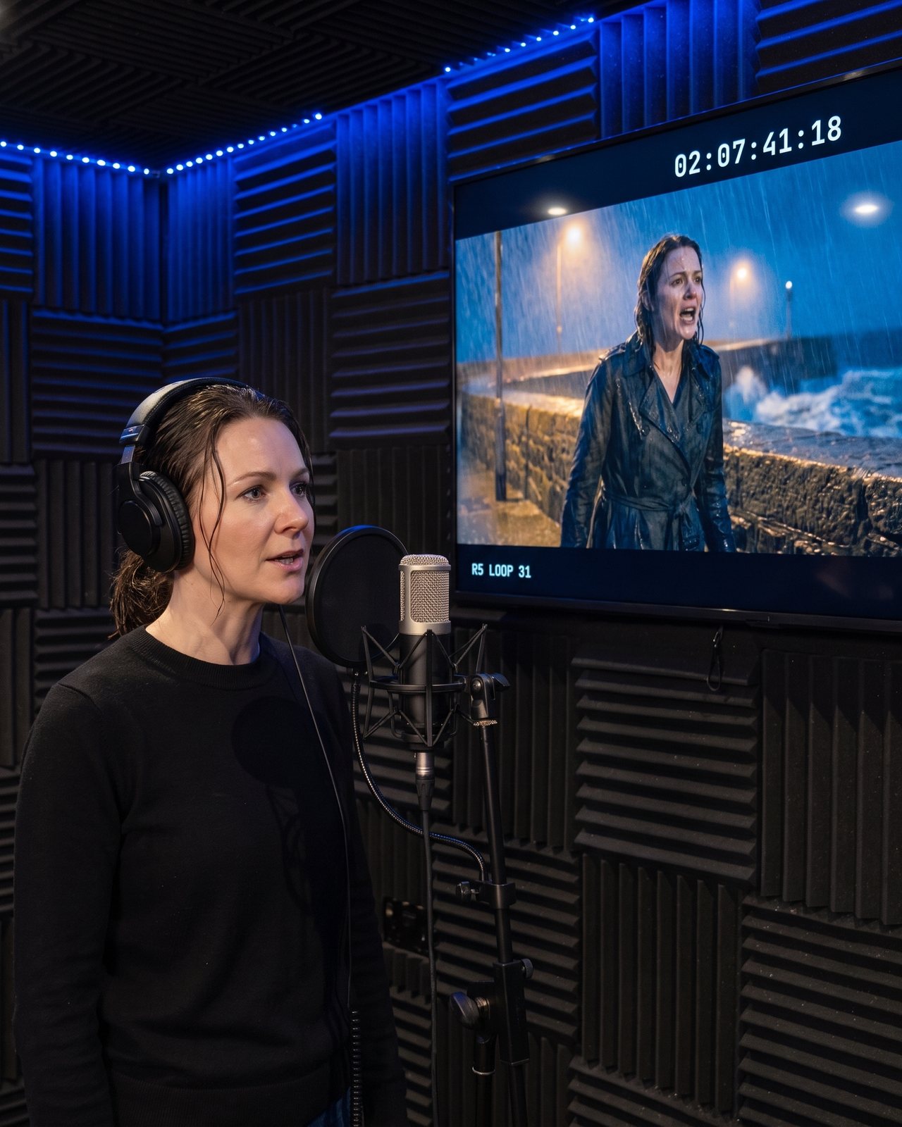 An actress performing ADR at the microphone, her scene playing on the screen beside her