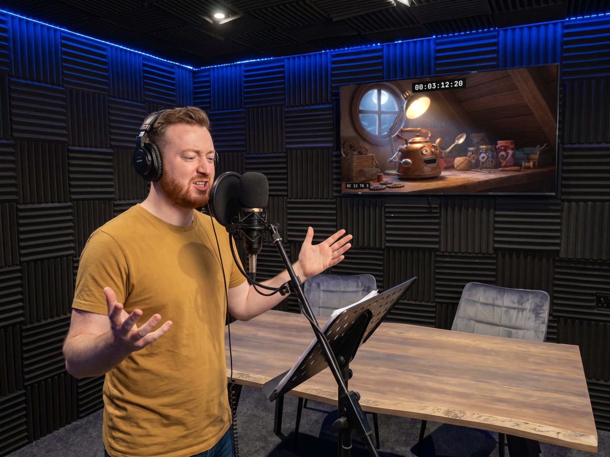 A voice actor recording an animated character to picture
