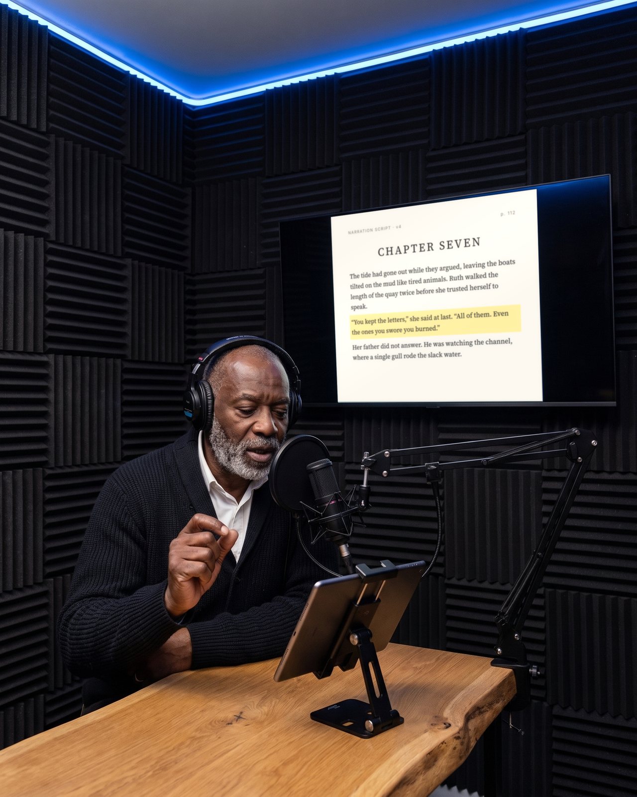 A narrator reading an audiobook at the microphone, the page on the screen above