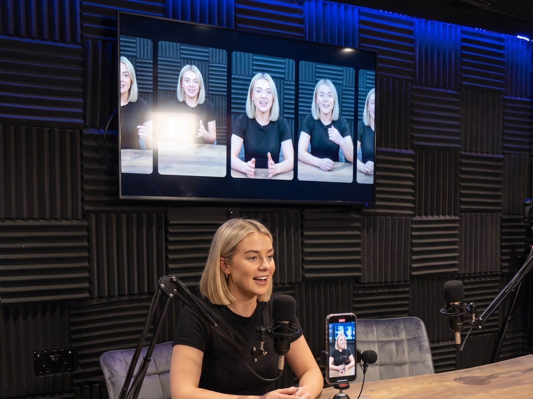 A creator recording short-form clips, a phone on a tripod and her edit on the screen