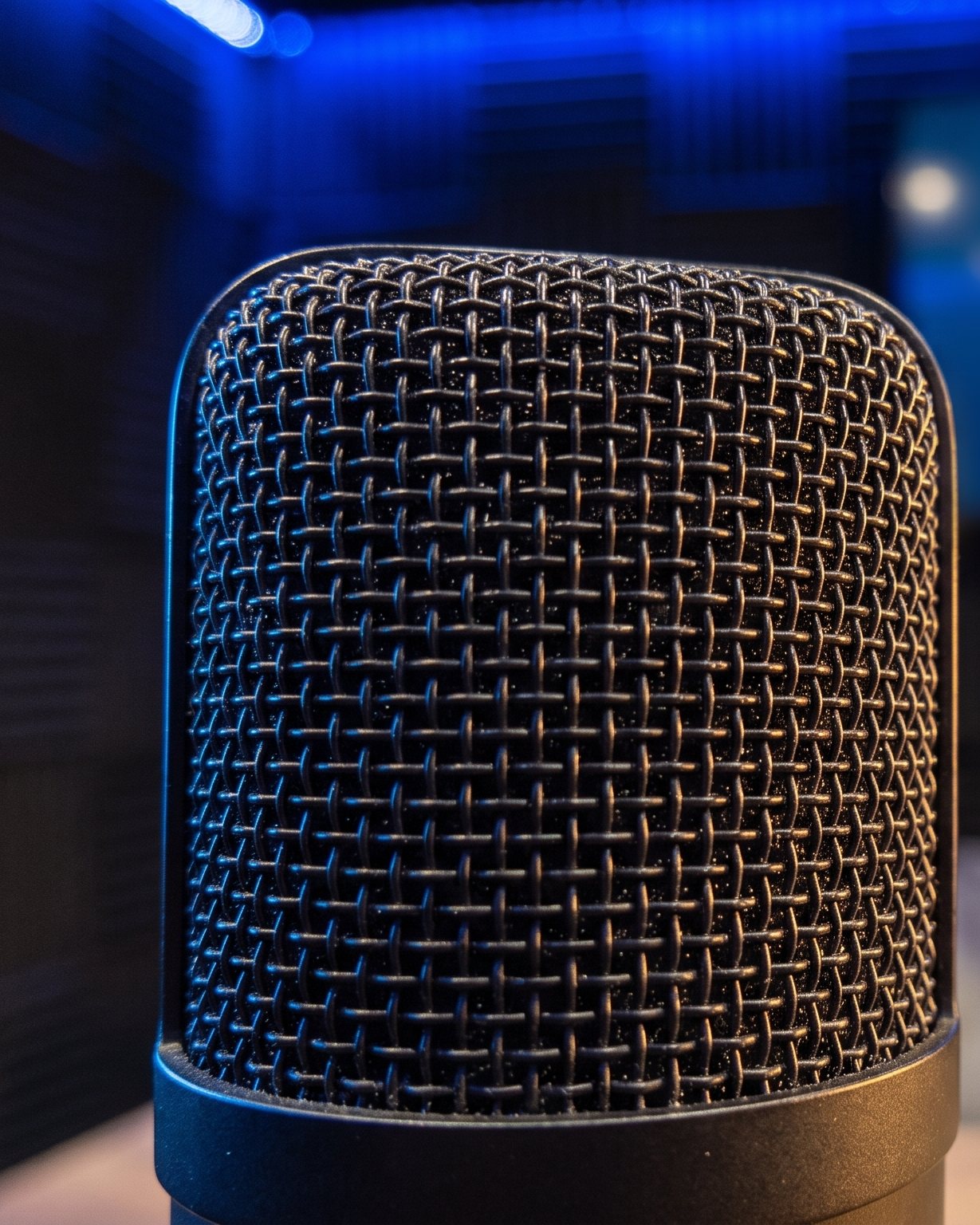 A close-up of a broadcast microphone, the screen soft in the background
