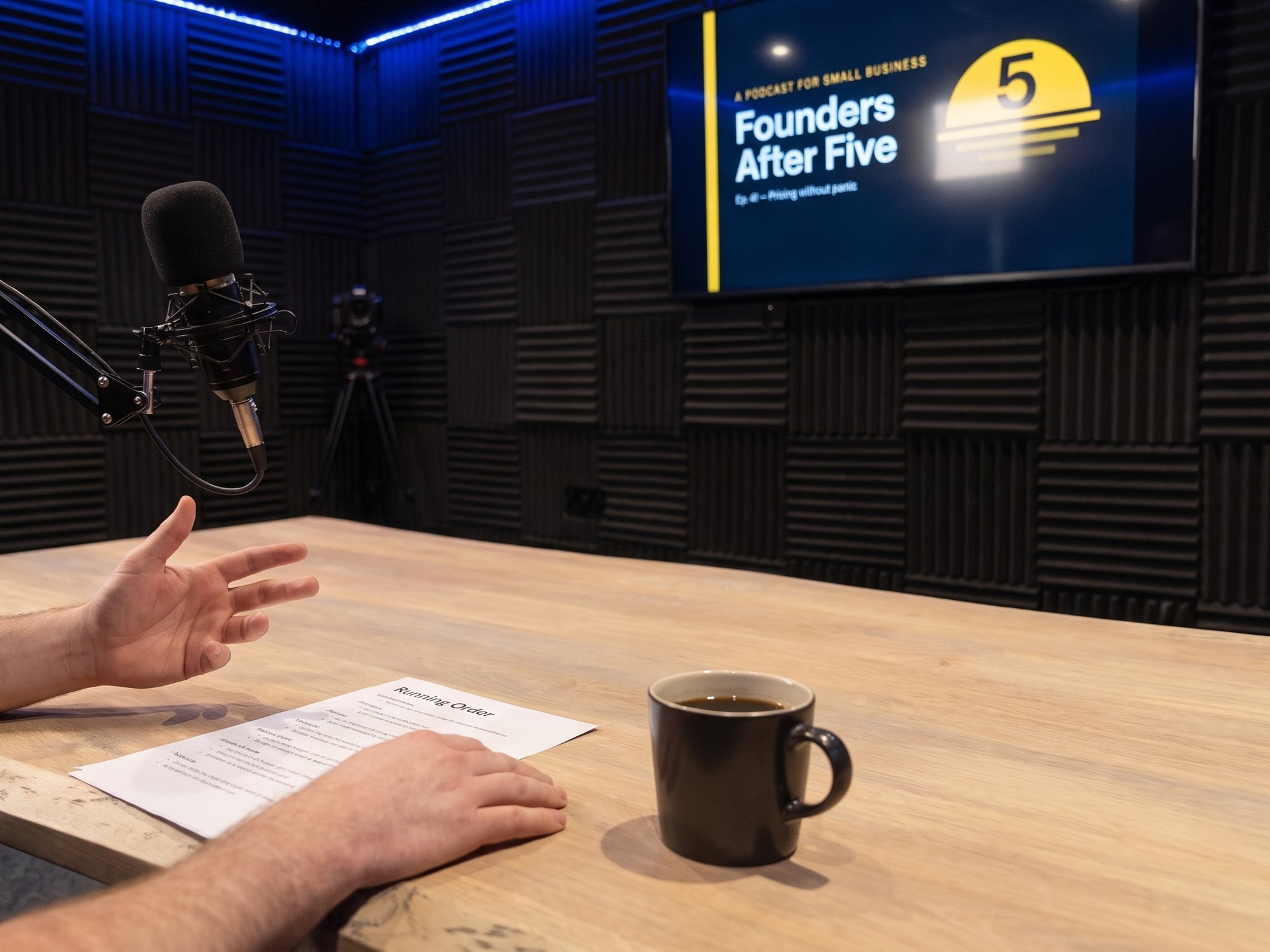 A host's hand, notes and a mug on the live-edge table, the show card on the screen behind