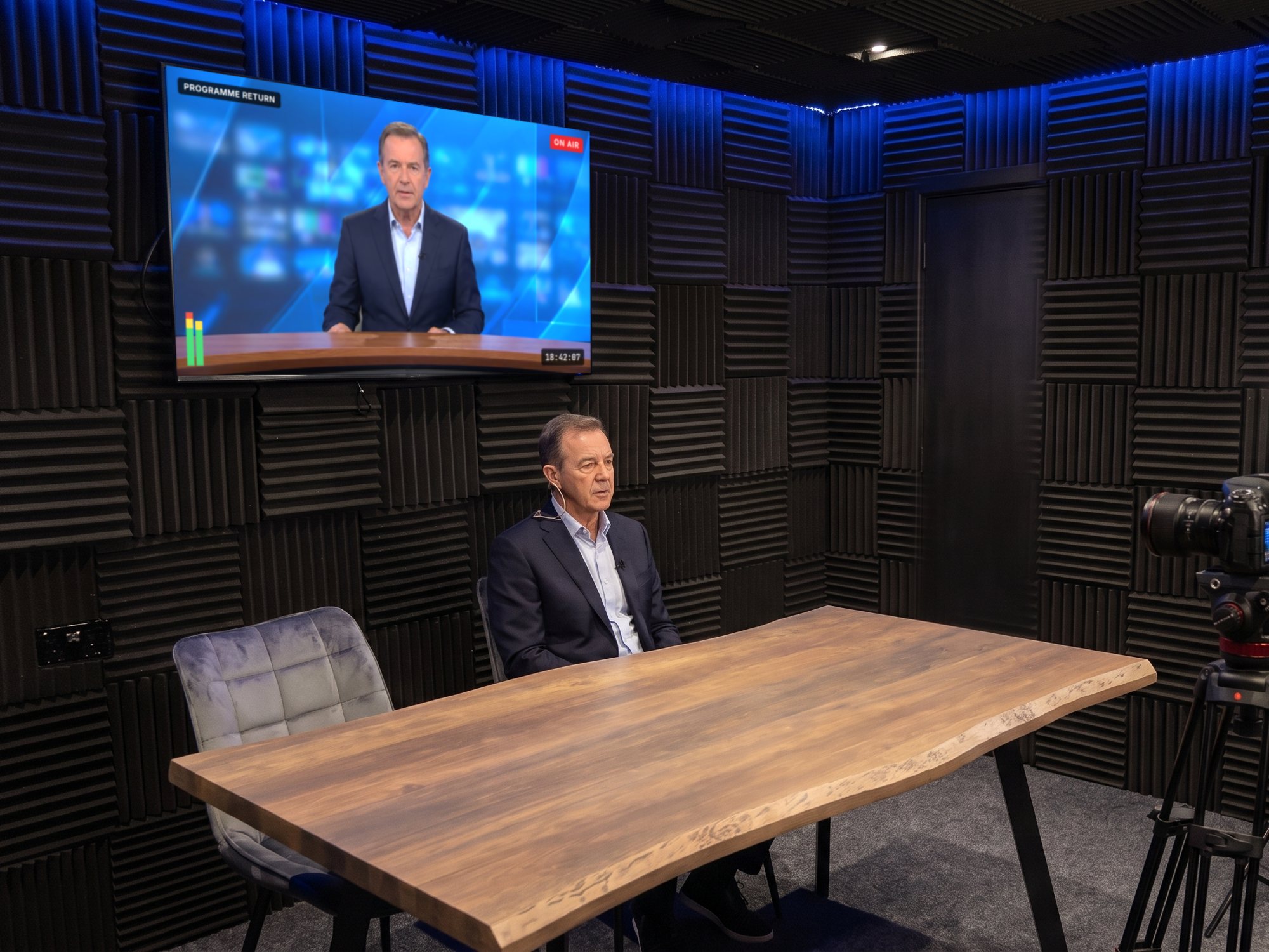 A spokesperson doing a down-the-line interview, the programme feed on the wall screen