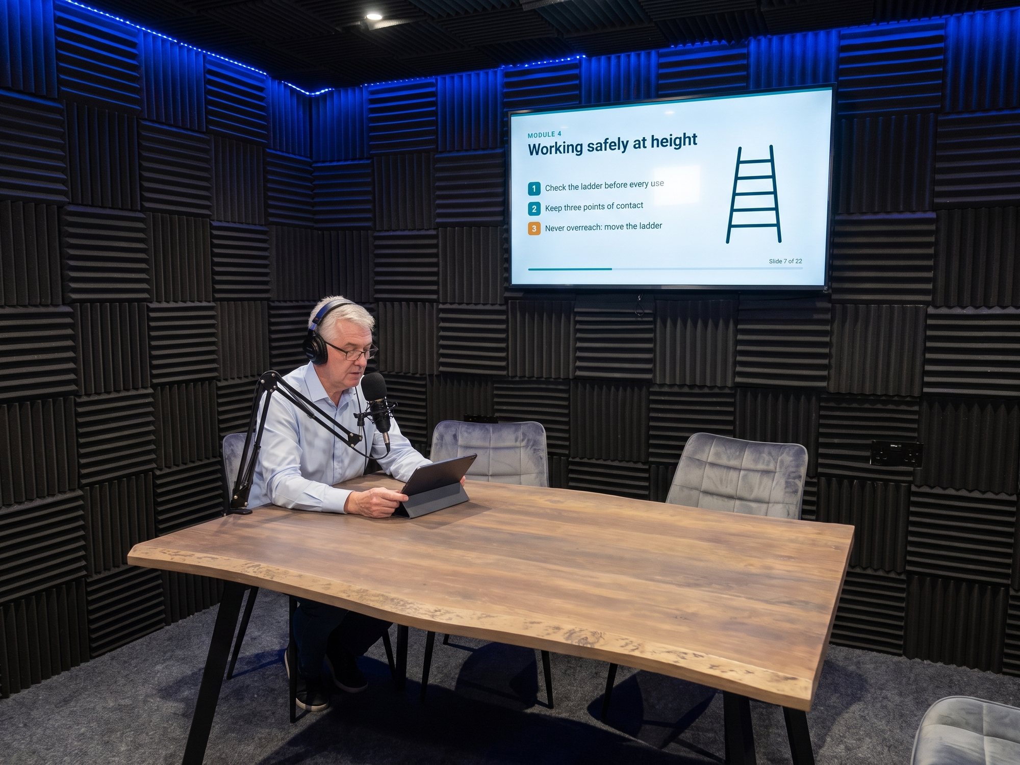 A narrator recording e-learning voiceover, the course slide on the wall screen