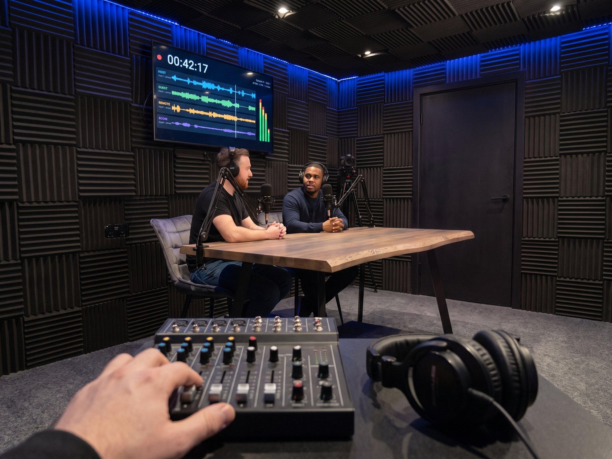 An engineer at the mixer while two guests record at the table