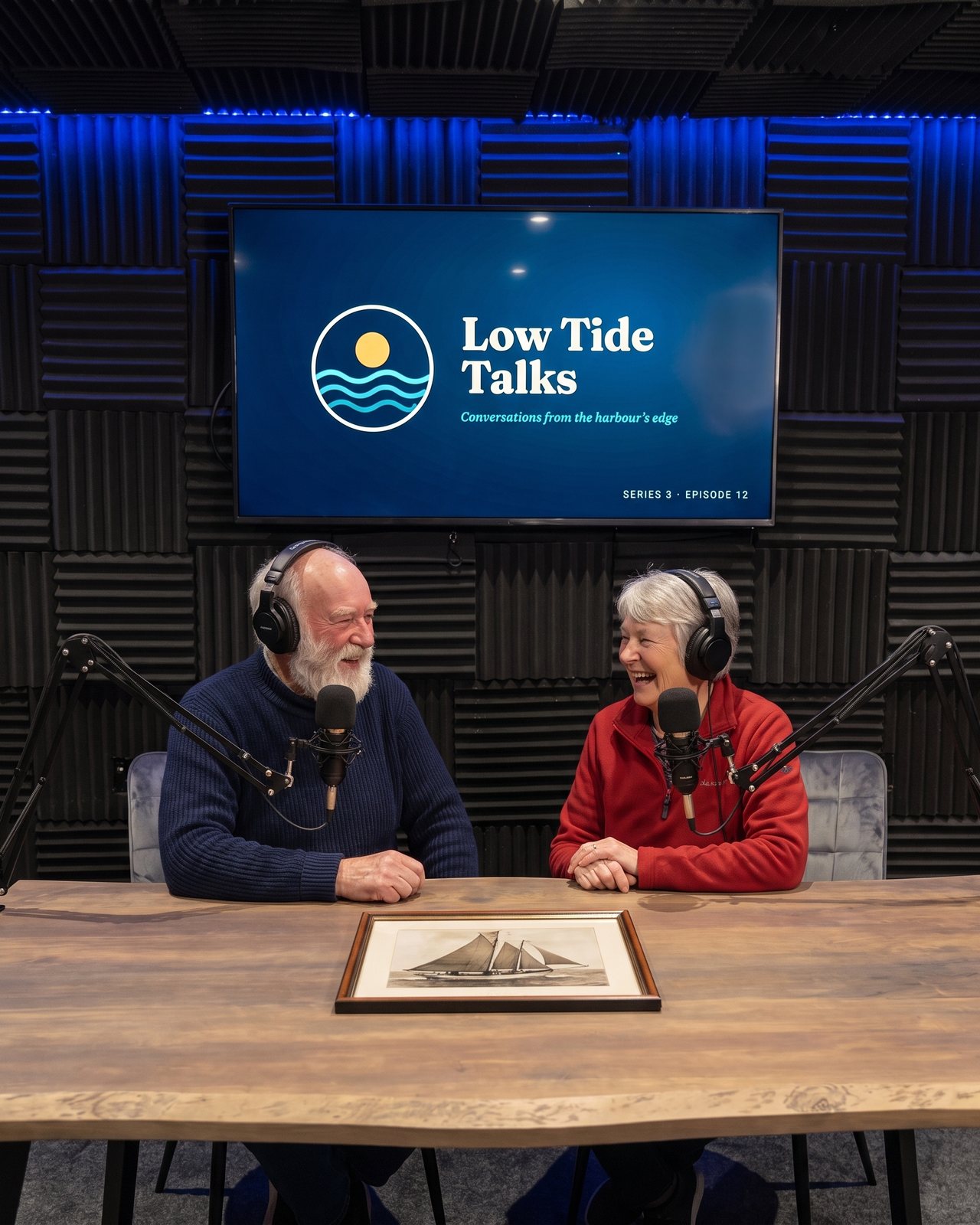 Two guests laughing on a podcast, the show artwork on the screen above them