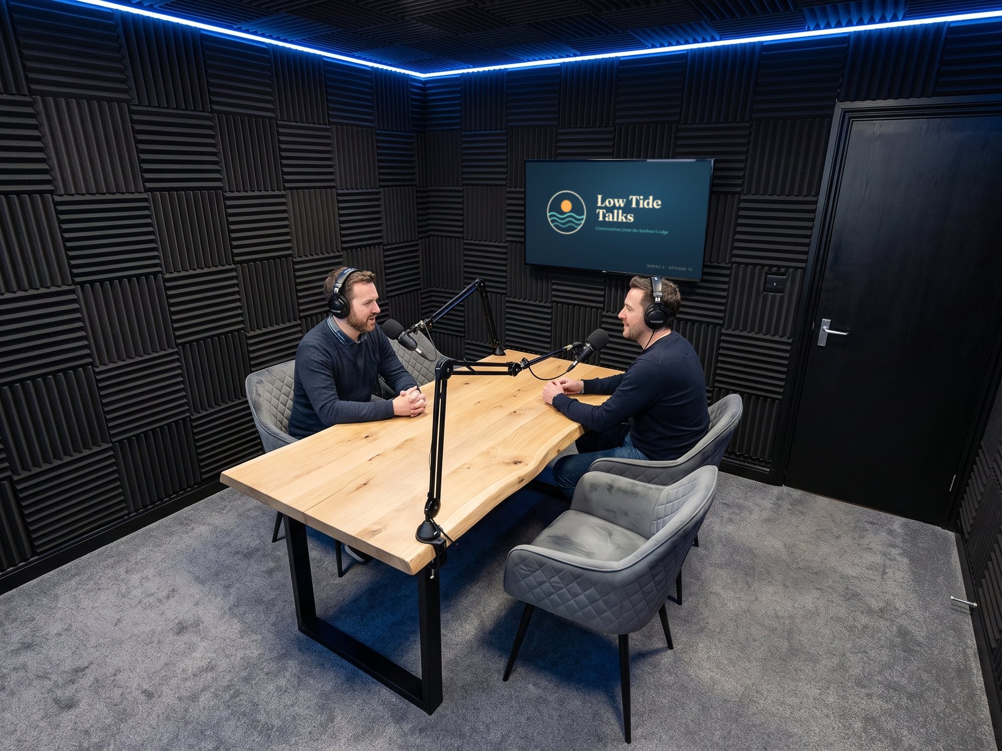 A high wide view of two hosts recording at the live-edge table