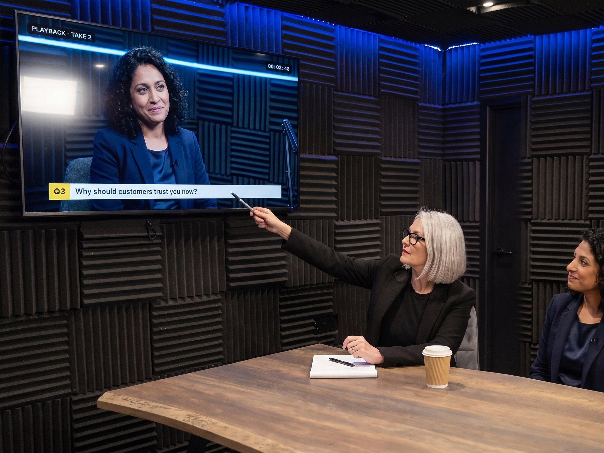 A media trainer reviewing interview playback with a client on the wall screen