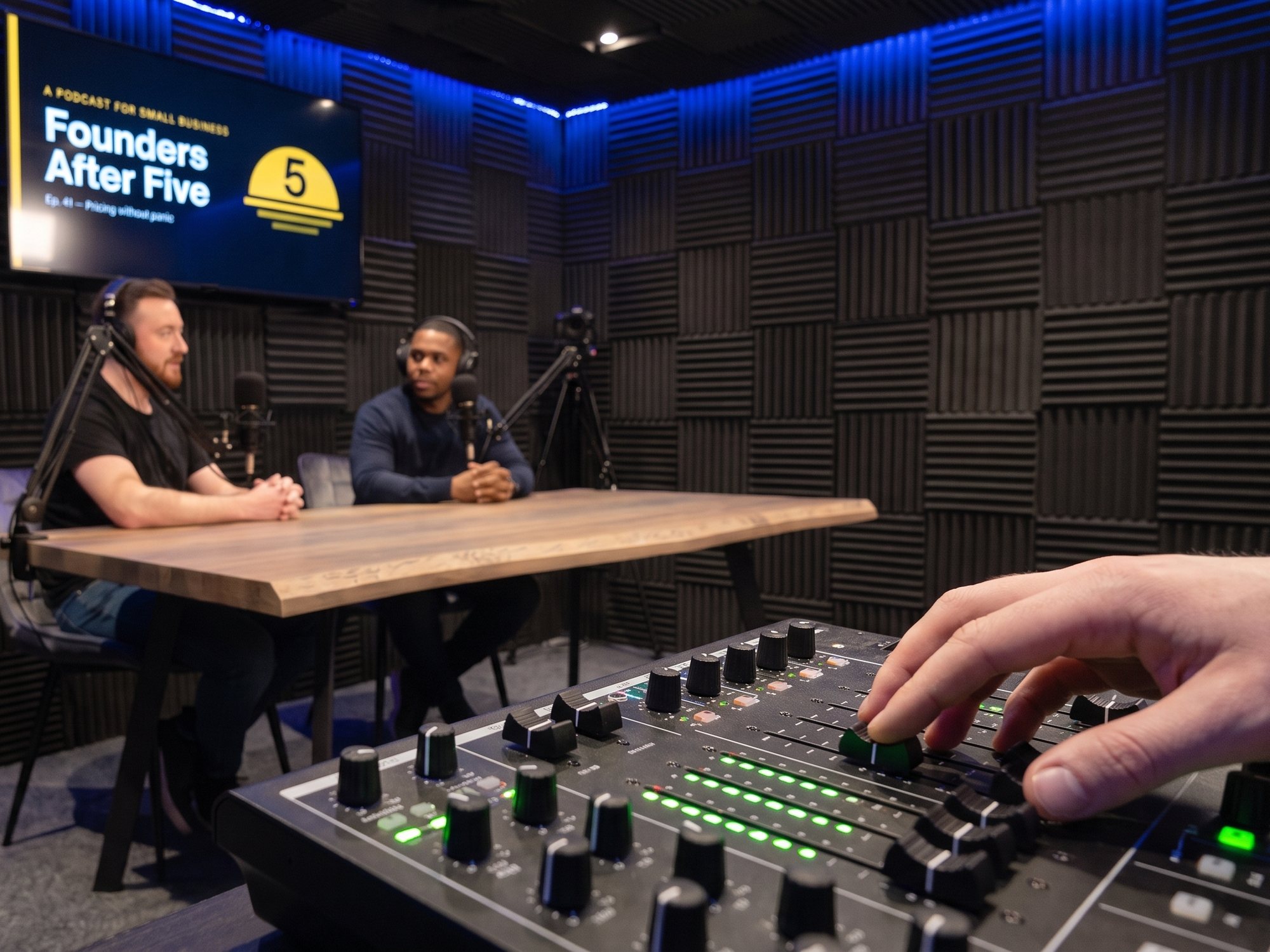 An engineer's hand on the mixer while two guests record at the table
