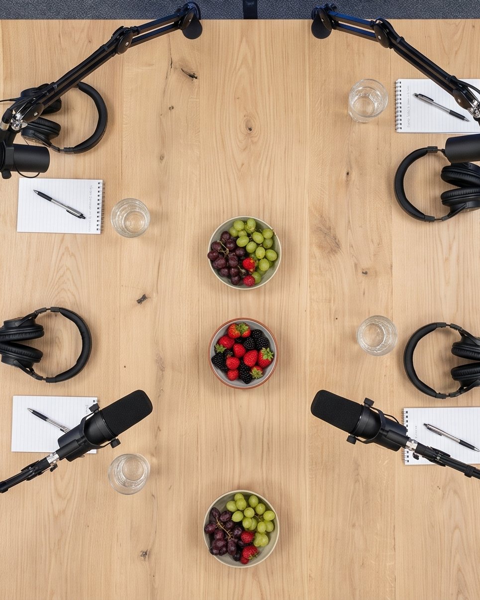 Looking down on the table set for four: microphones, headphones, notepads, water and fruit