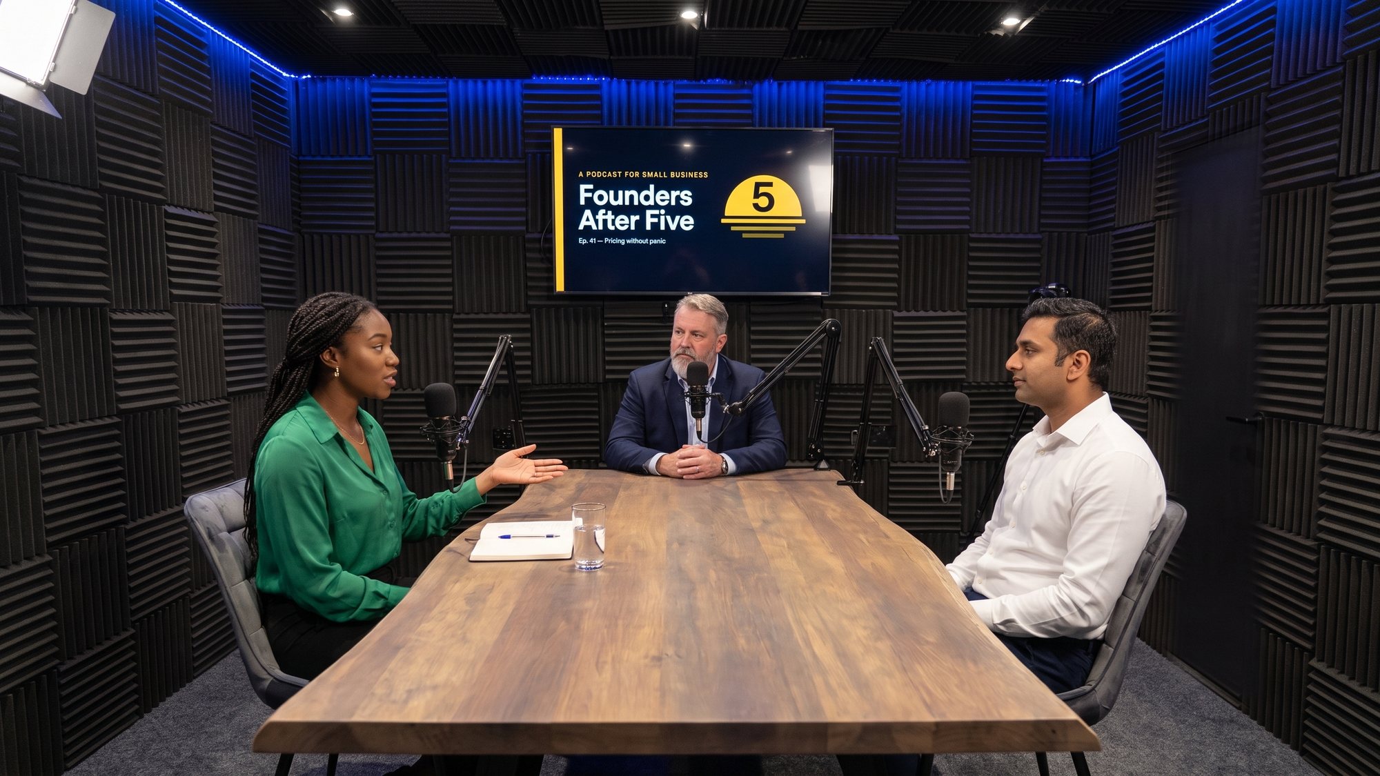 A three-person panel podcast around the live-edge table, the episode card on the screen
