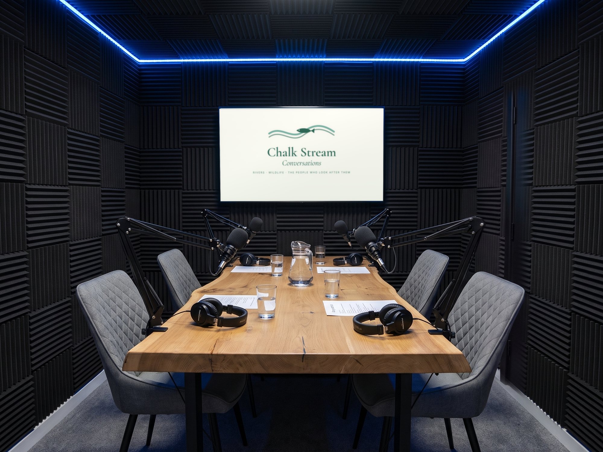 The podcast studio set for a four-person recording, the show card on the screen