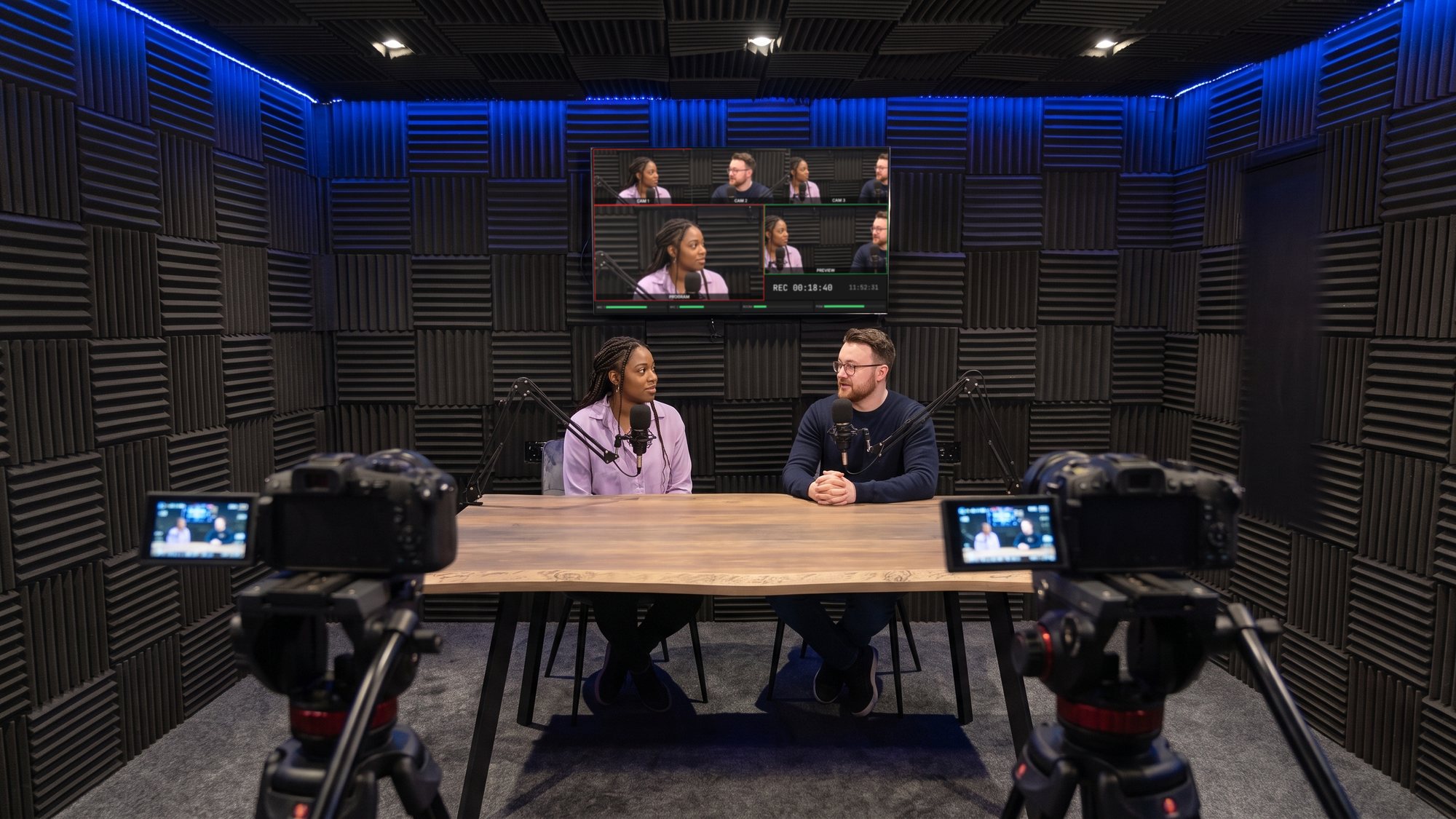 A video podcast, cameras on the hosts and the multiview on the wall screen