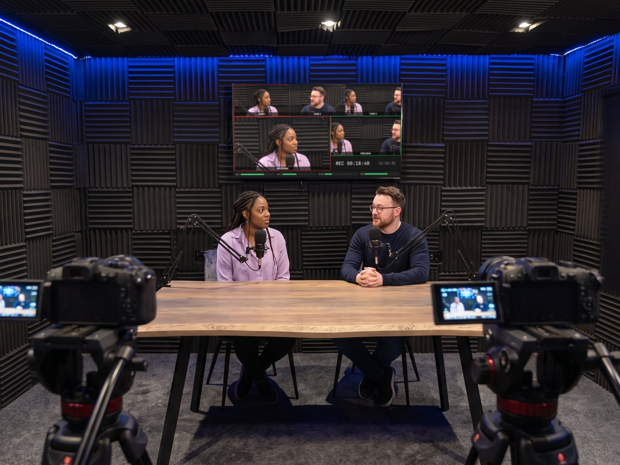 A video podcast, cameras on the hosts and the multiview on the wall screen