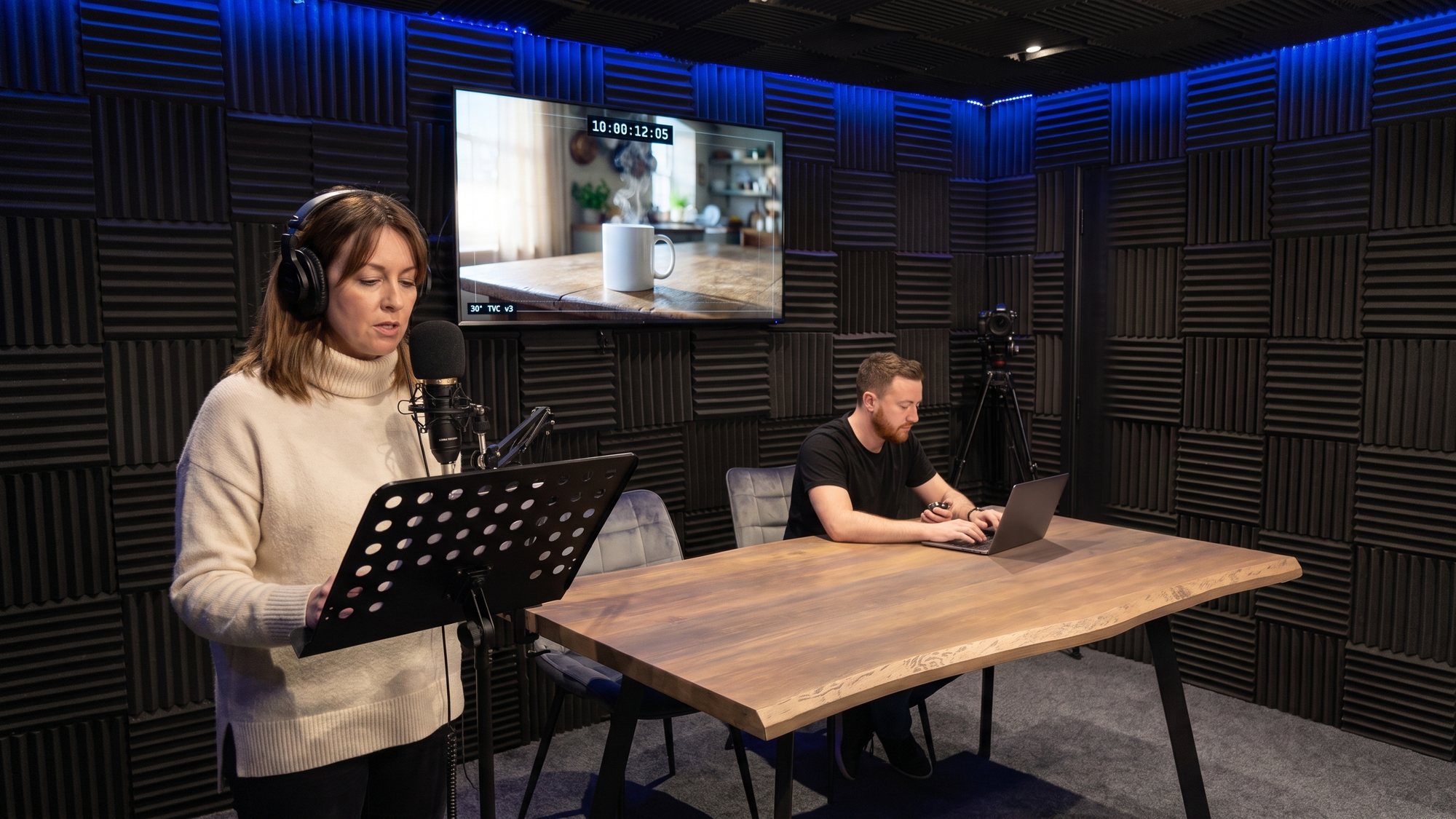 A voiceover artist reading an advert to picture, the engineer at the desk behind