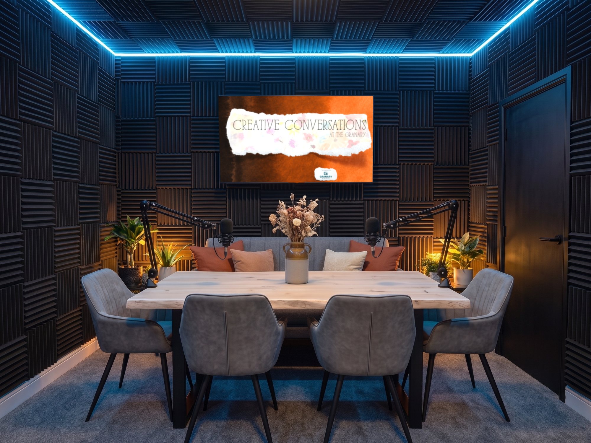 The podcast studio laid as a dinner table for six, Creative Conversations artwork on the screen