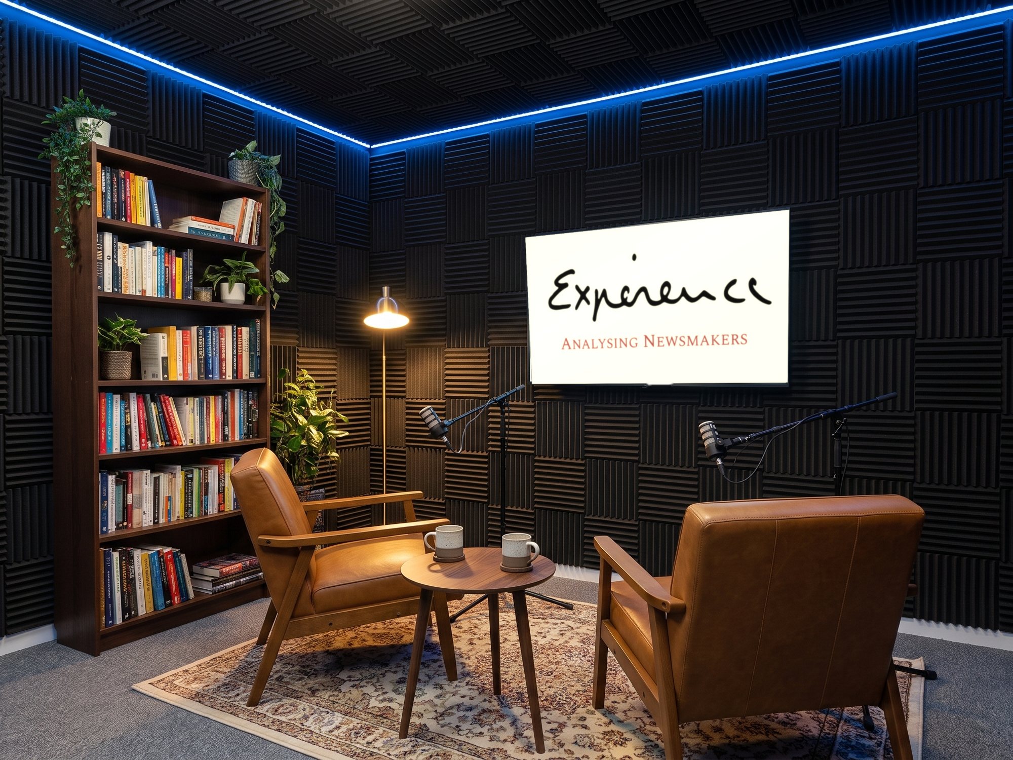 The podcast studio dressed as a library corner, leather armchairs and a bookcase, Experience artwork on the screen