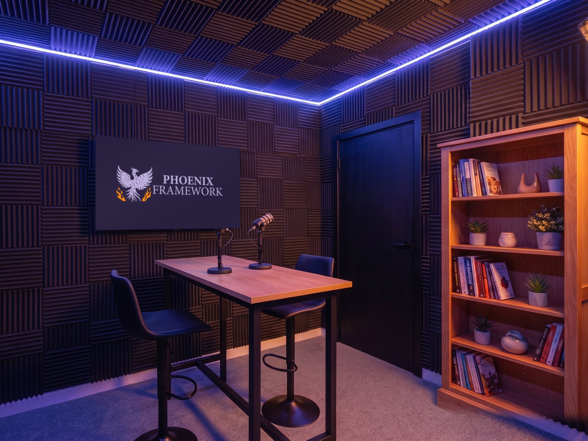 A high table and stools with a freestanding bookcase, Phoenix Framework artwork on the screen