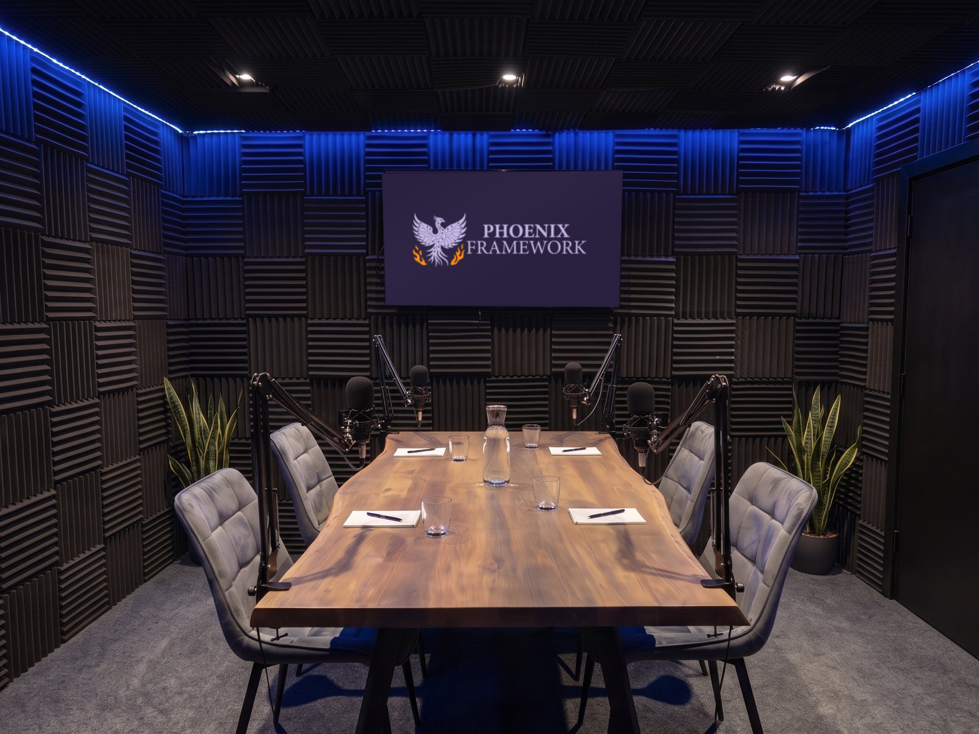 The podcast studio set as a six-seat boardroom, Phoenix Framework artwork on the screen