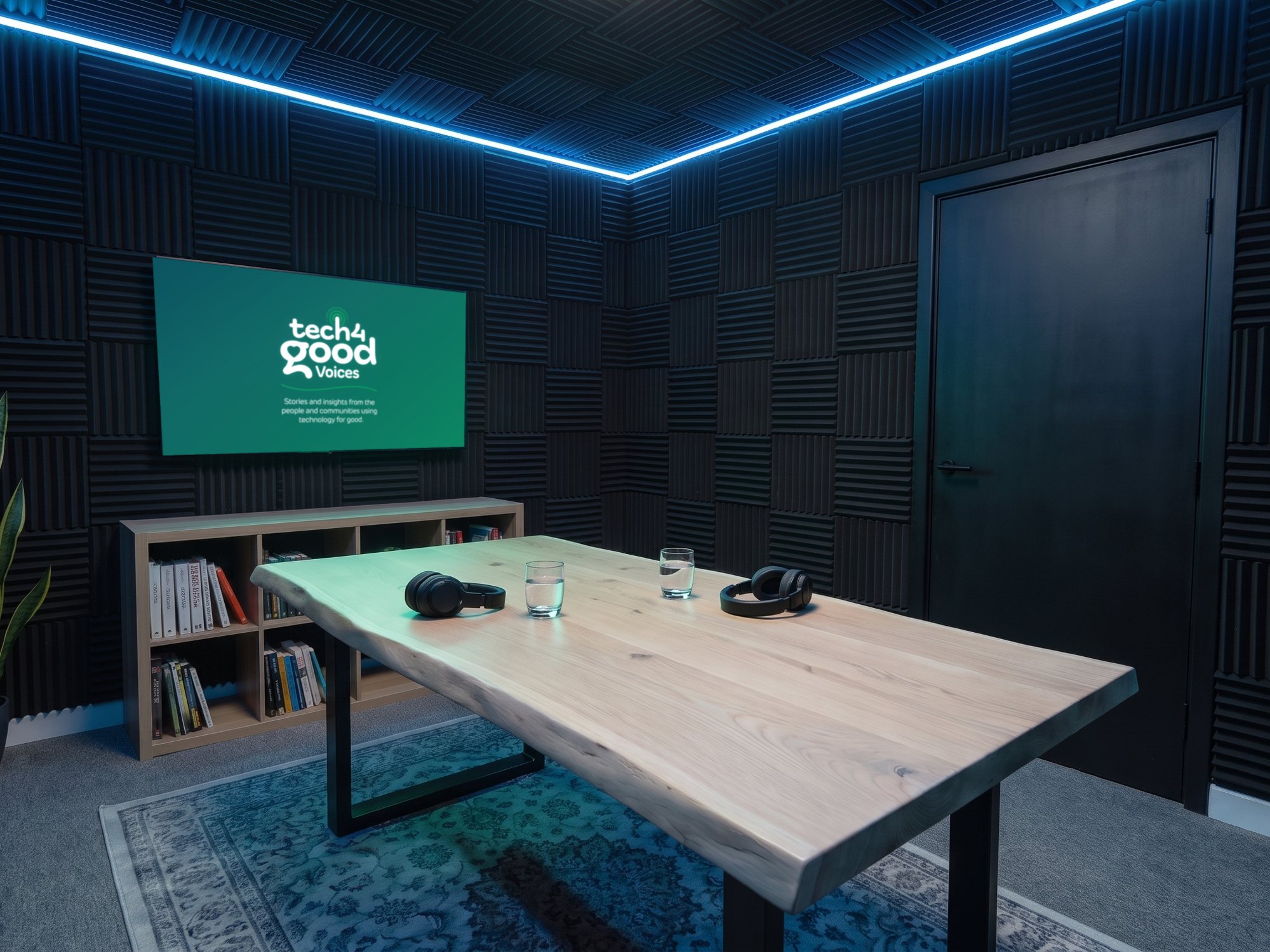 The podcast studio set for Tech 4 Good Voices, the table laid with headphones and water