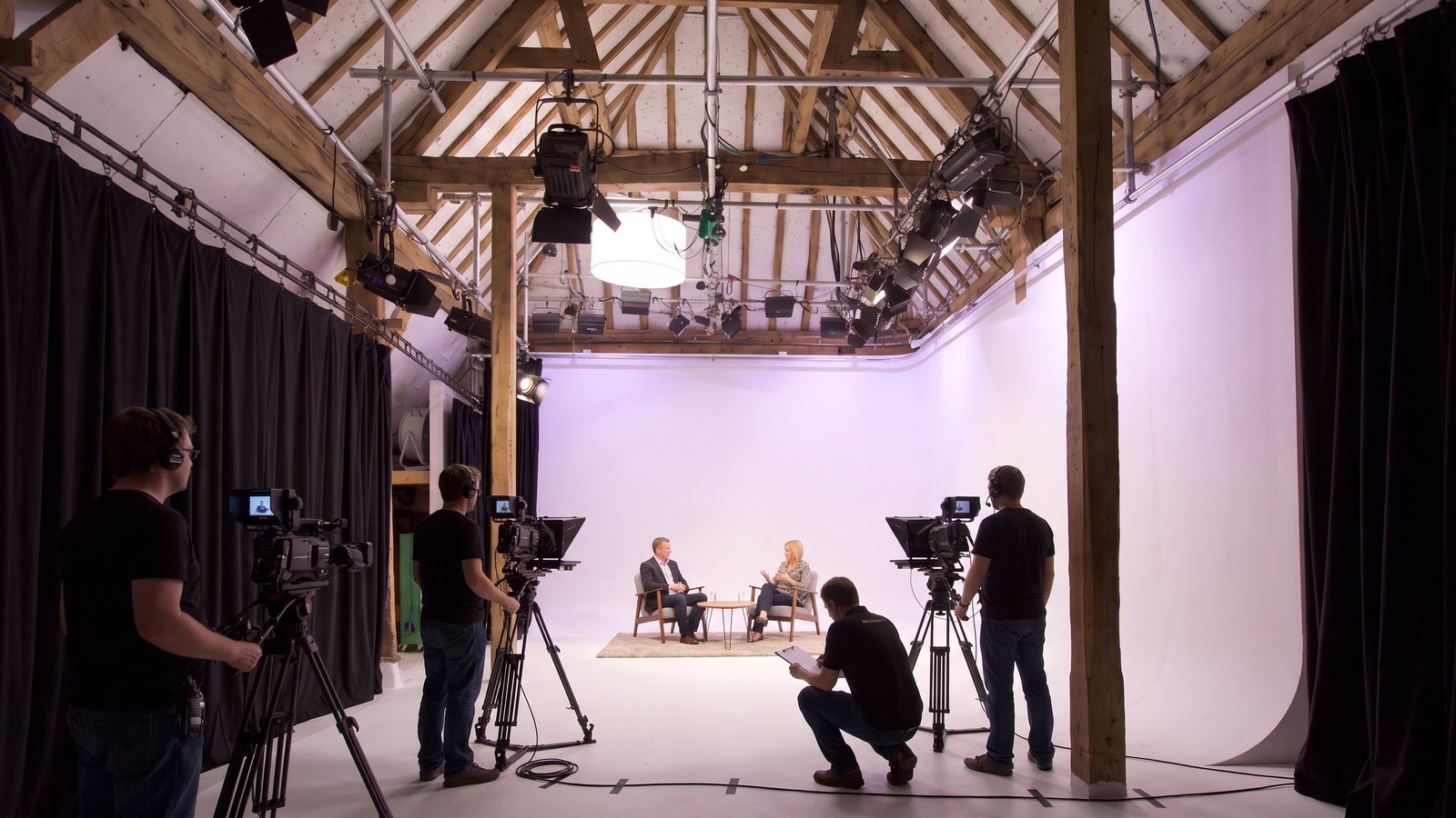 A chat show set on the cove, two studio cameras and a floor manager