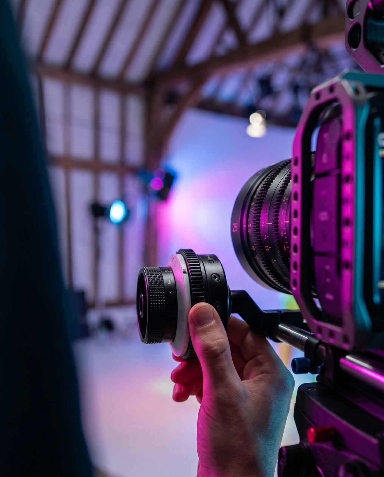 Macro view of a cinema lens under studio light