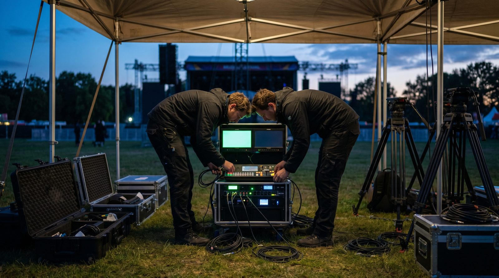 Crew rigging lighting for a live event